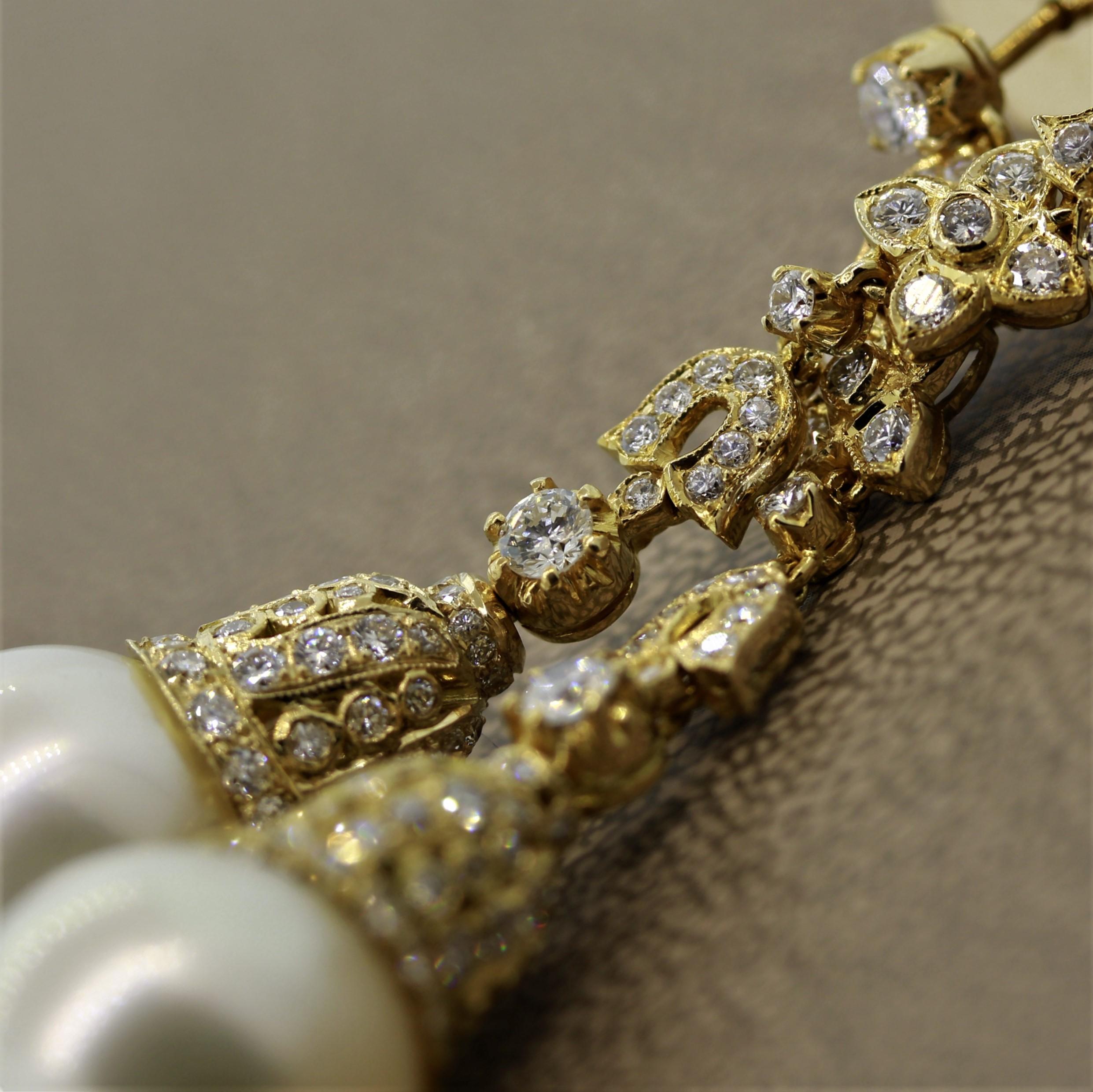 South Sea Pearl Diamond Long Gold Drop Earrings For Sale 1