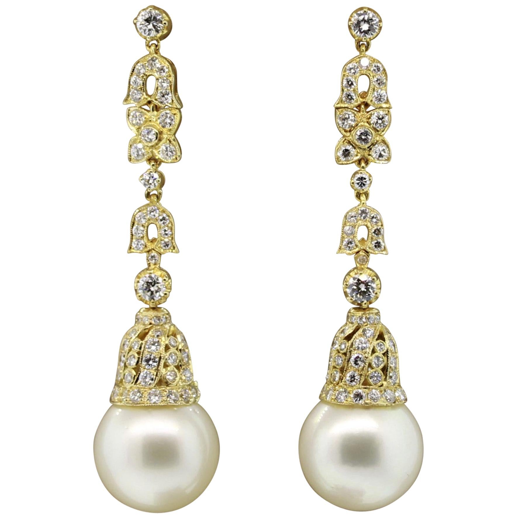 South Sea Pearl Diamond Long Gold Drop Earrings For Sale
