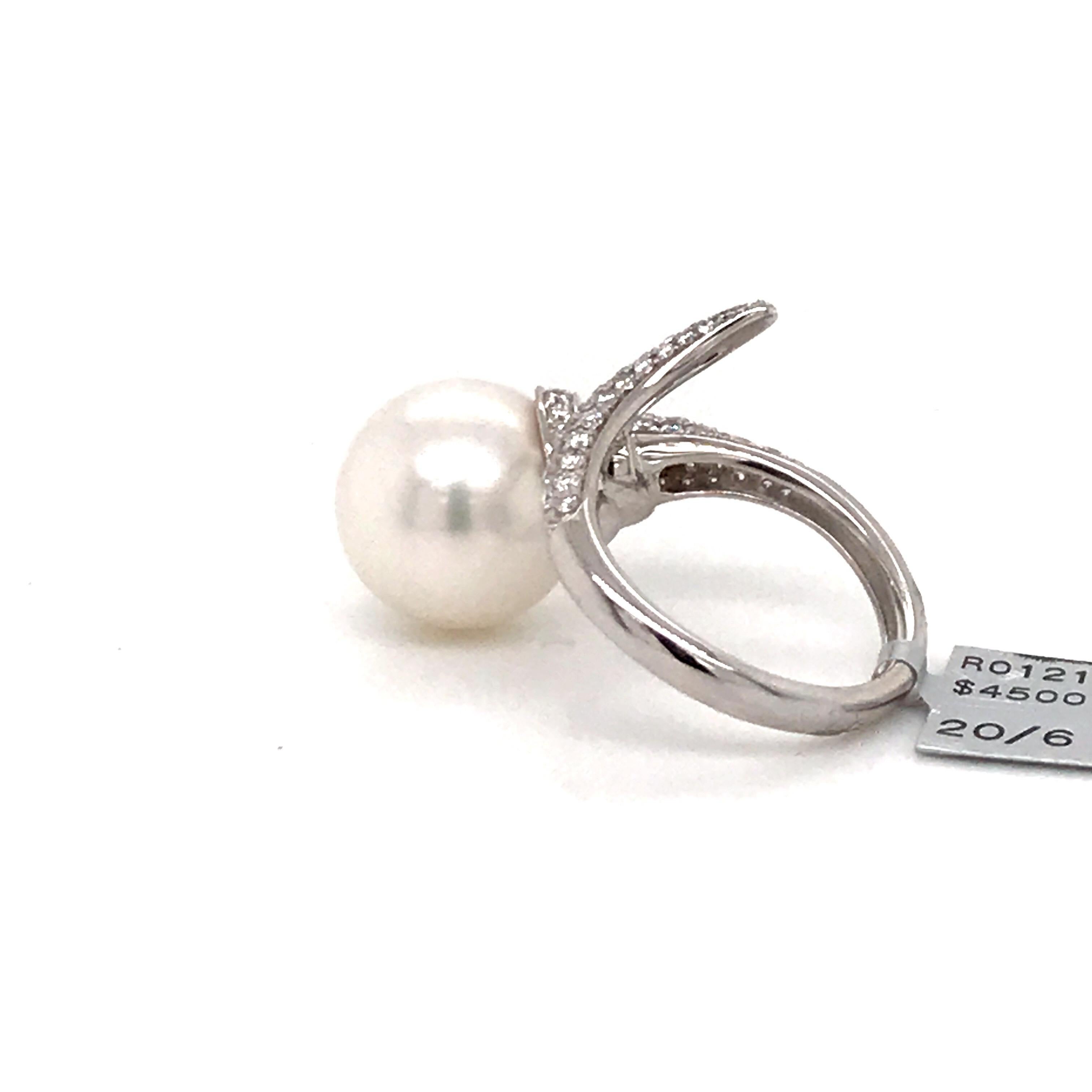 Round Cut South Sea Pearl Diamond Nail Ring 0.79 Carat 18 Karat White Gold For Sale