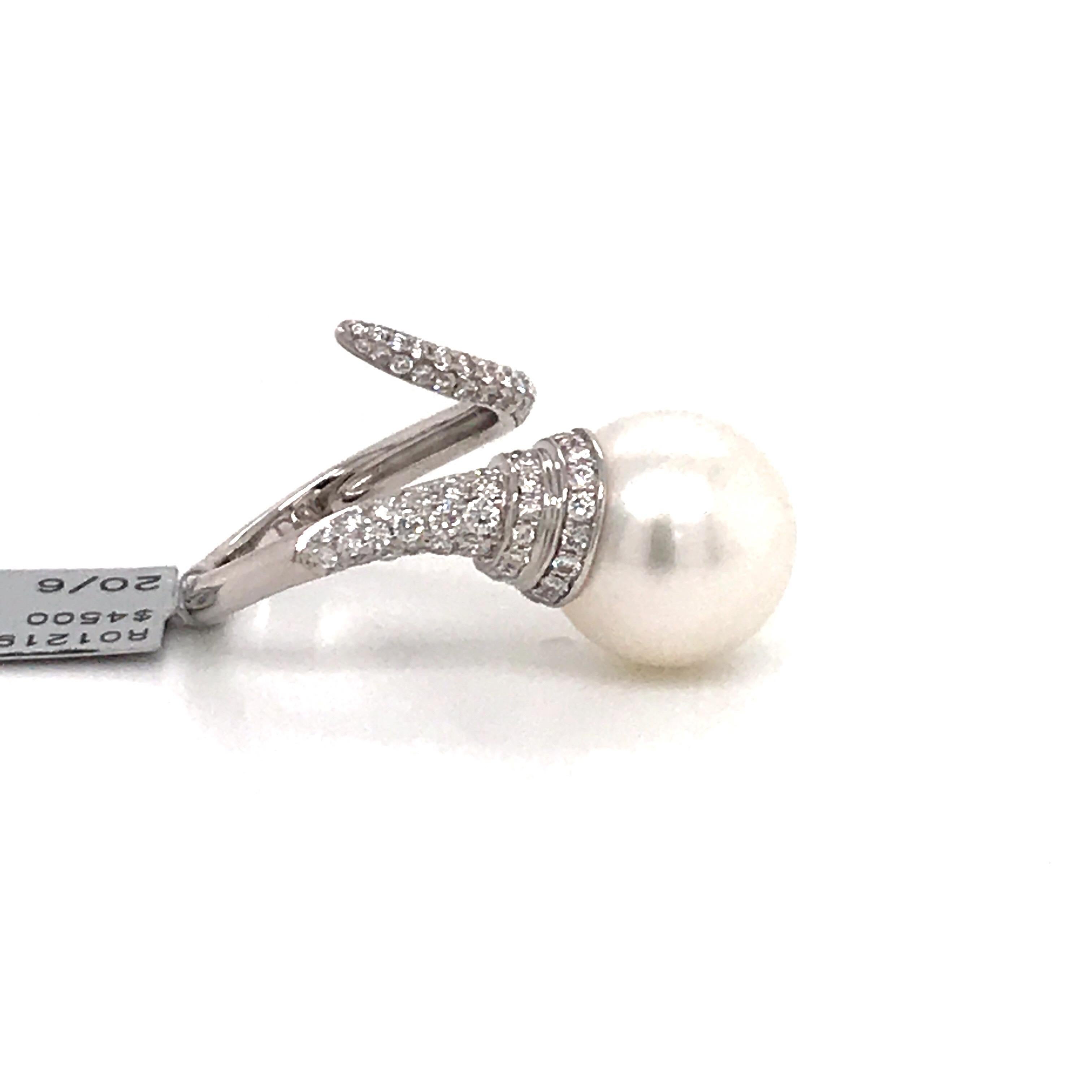 Women's South Sea Pearl Diamond Nail Ring 0.79 Carat 18 Karat White Gold For Sale
