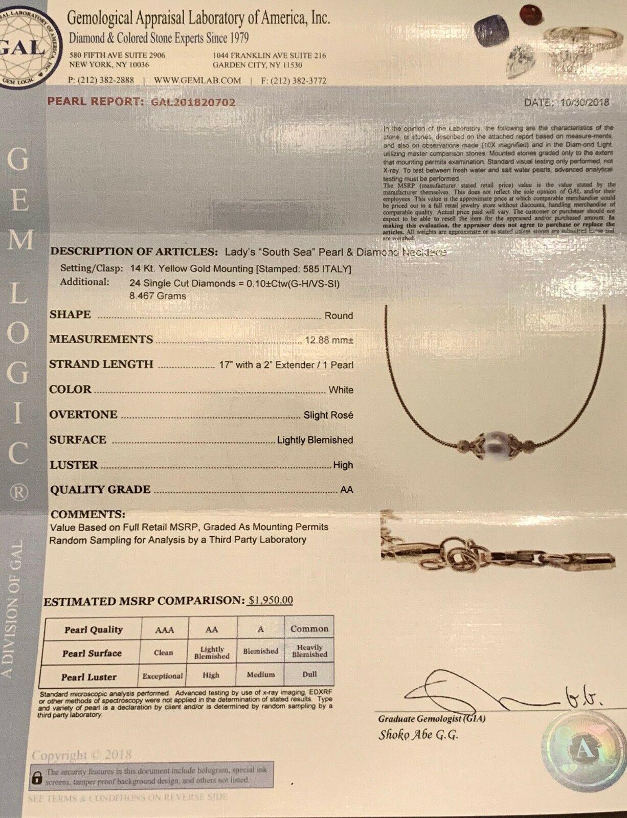 Südseeperlen-Diamant-Halskette 12,88 mm 14 Karat Gold Italien zertifiziert im Angebot 1