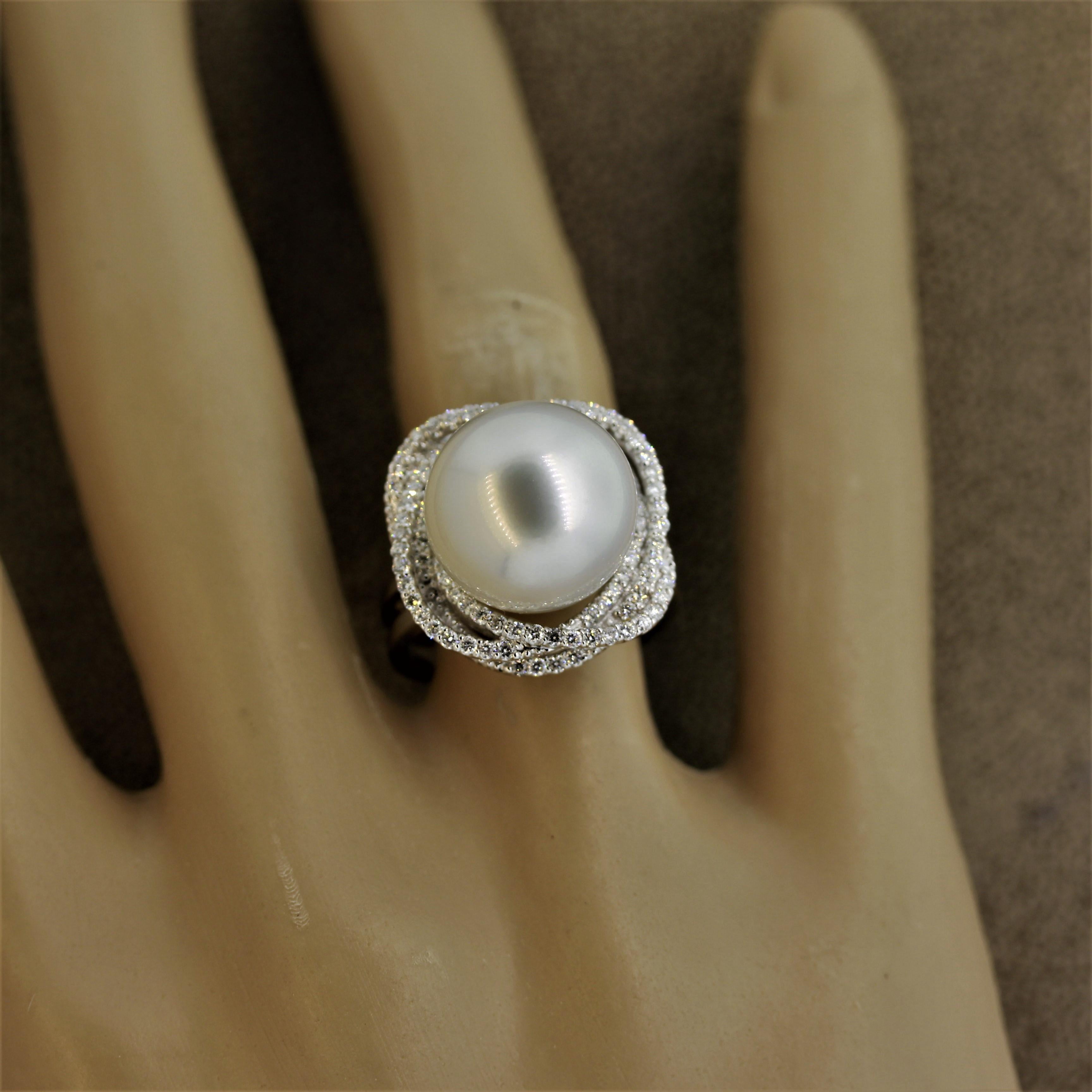 South Sea Pearl Diamond Orbit Halo Design Gold Ring For Sale 3