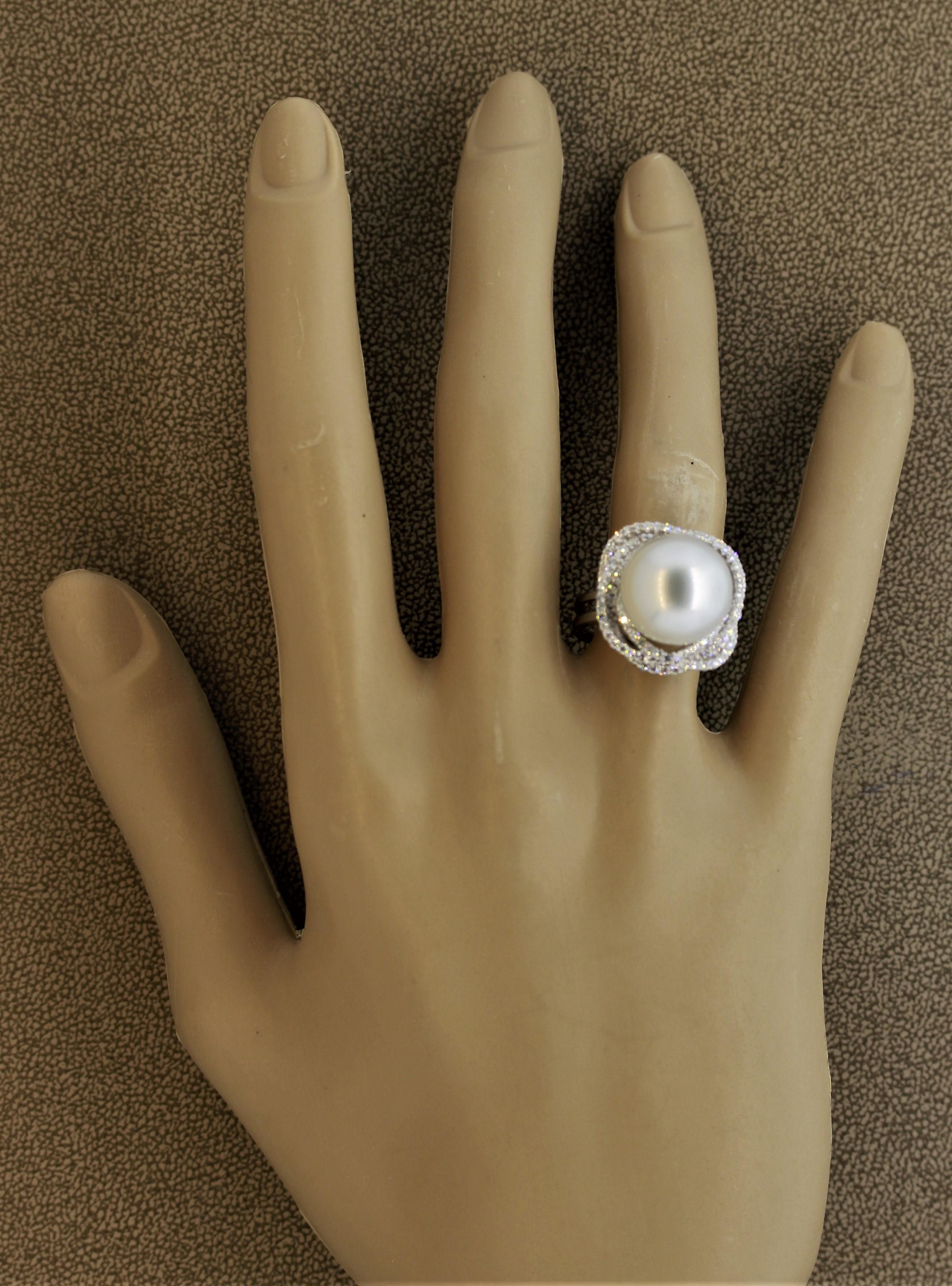 South Sea Pearl Diamond Orbit Halo Design Gold Ring For Sale 4