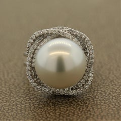 South Sea Pearl Diamond Orbit Halo Design Gold Ring