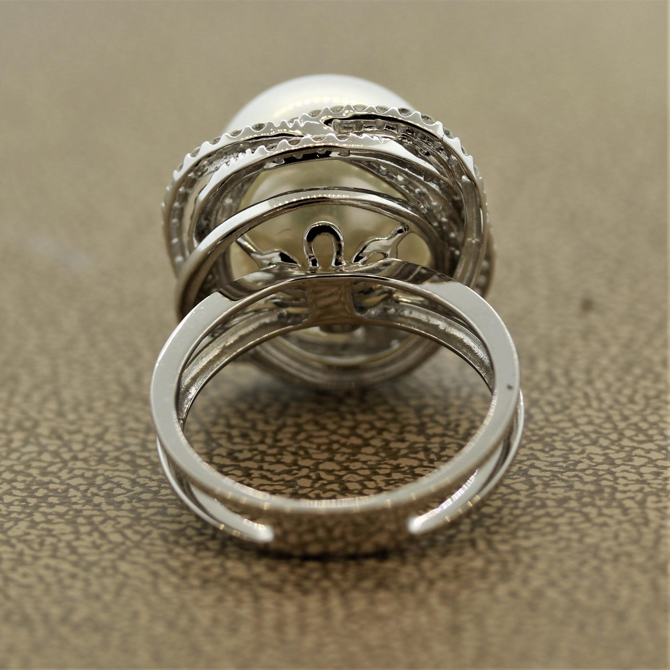 Round Cut South Sea Pearl Diamond Orbit Halo Design Gold Ring For Sale