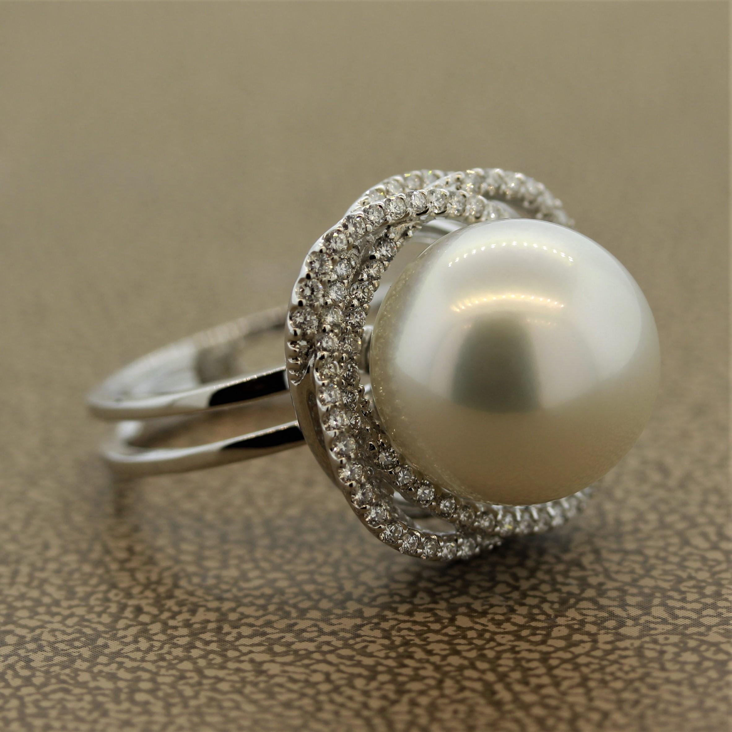 Women's South Sea Pearl Diamond Orbit Halo Design Gold Ring For Sale