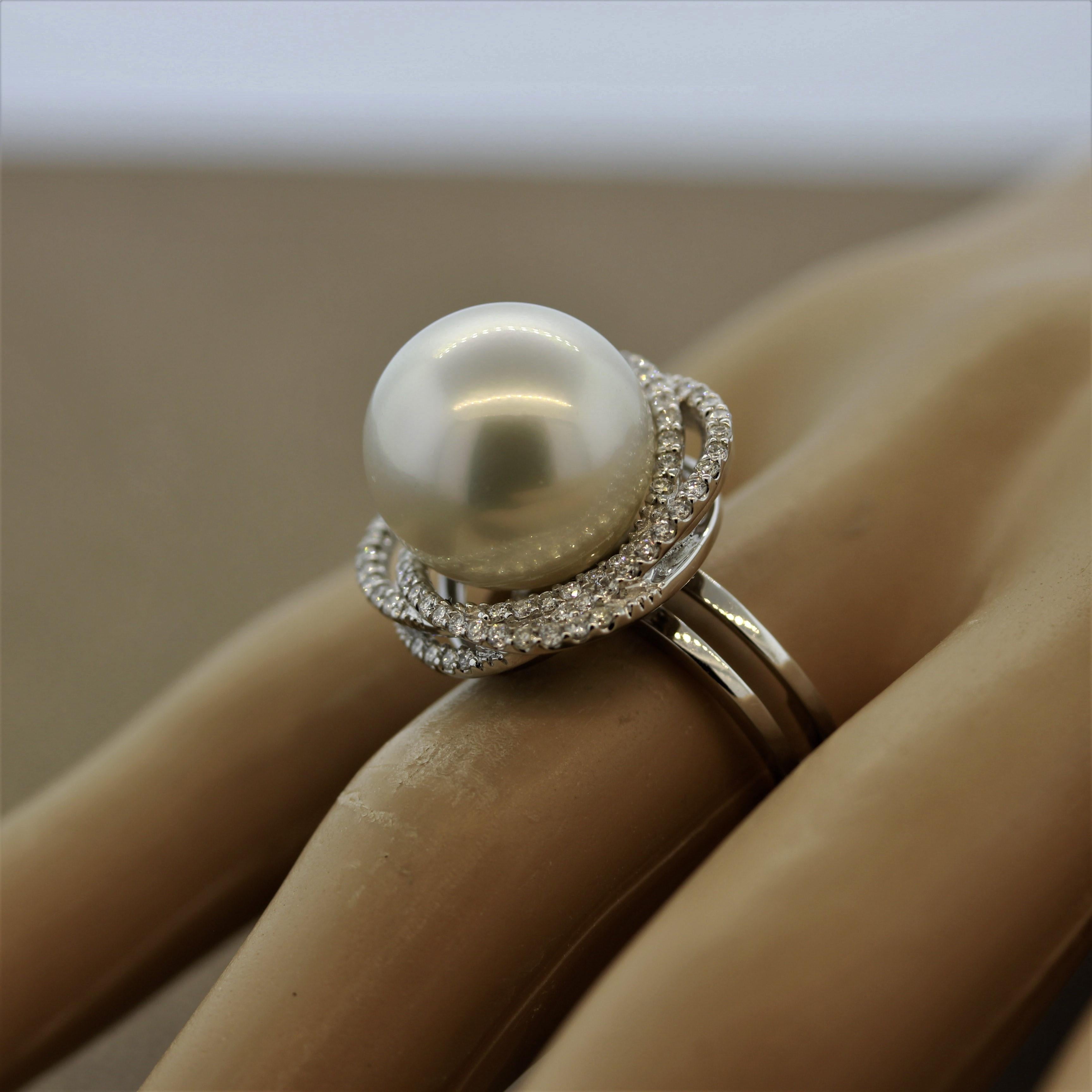 South Sea Pearl Diamond Orbit Halo Design Gold Ring For Sale 1