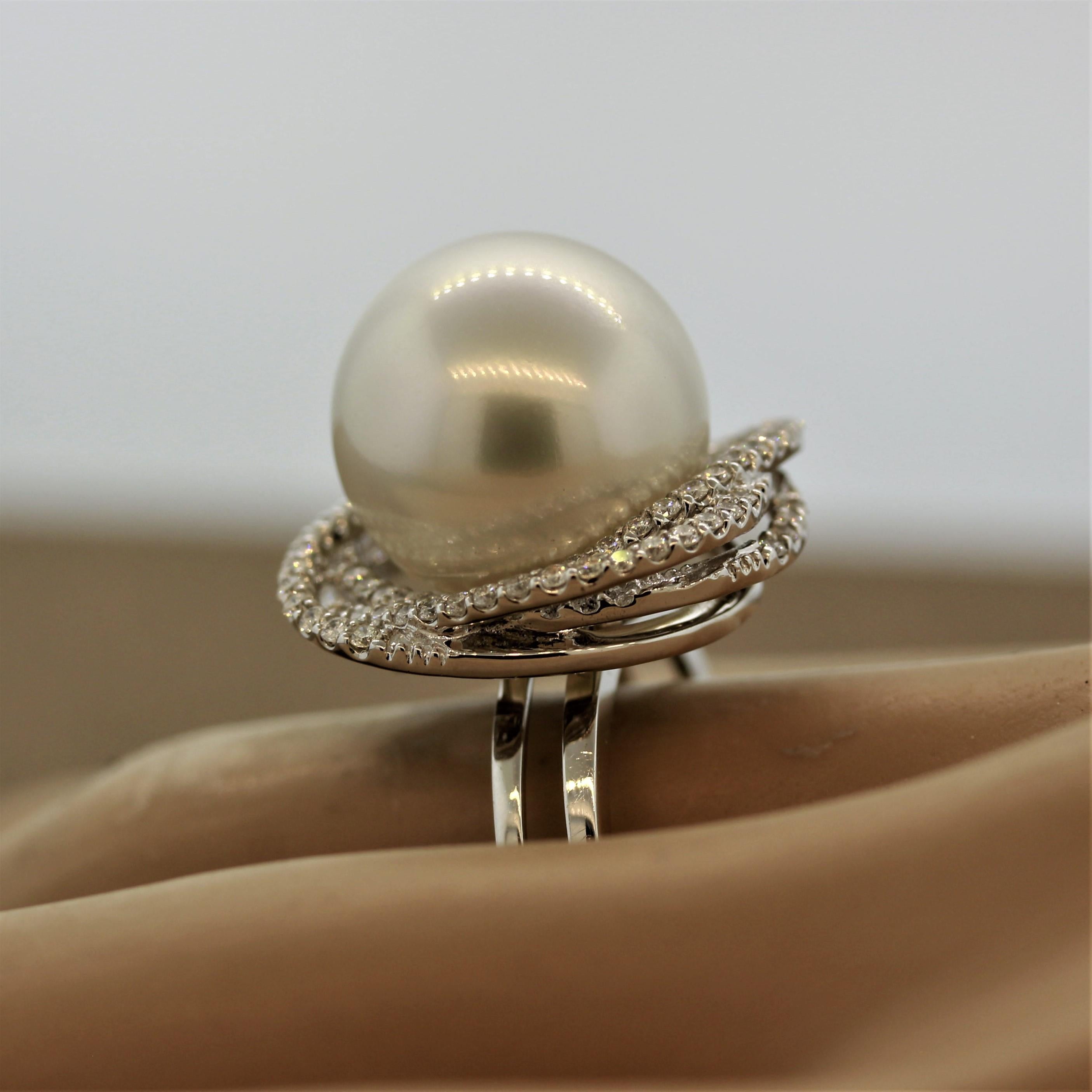 South Sea Pearl Diamond Orbit Halo Design Gold Ring For Sale 2