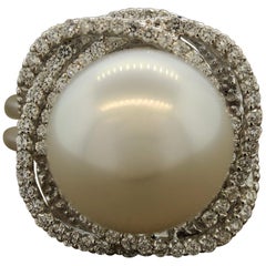 South Sea Pearl Diamond Orbit Halo Design Gold Ring