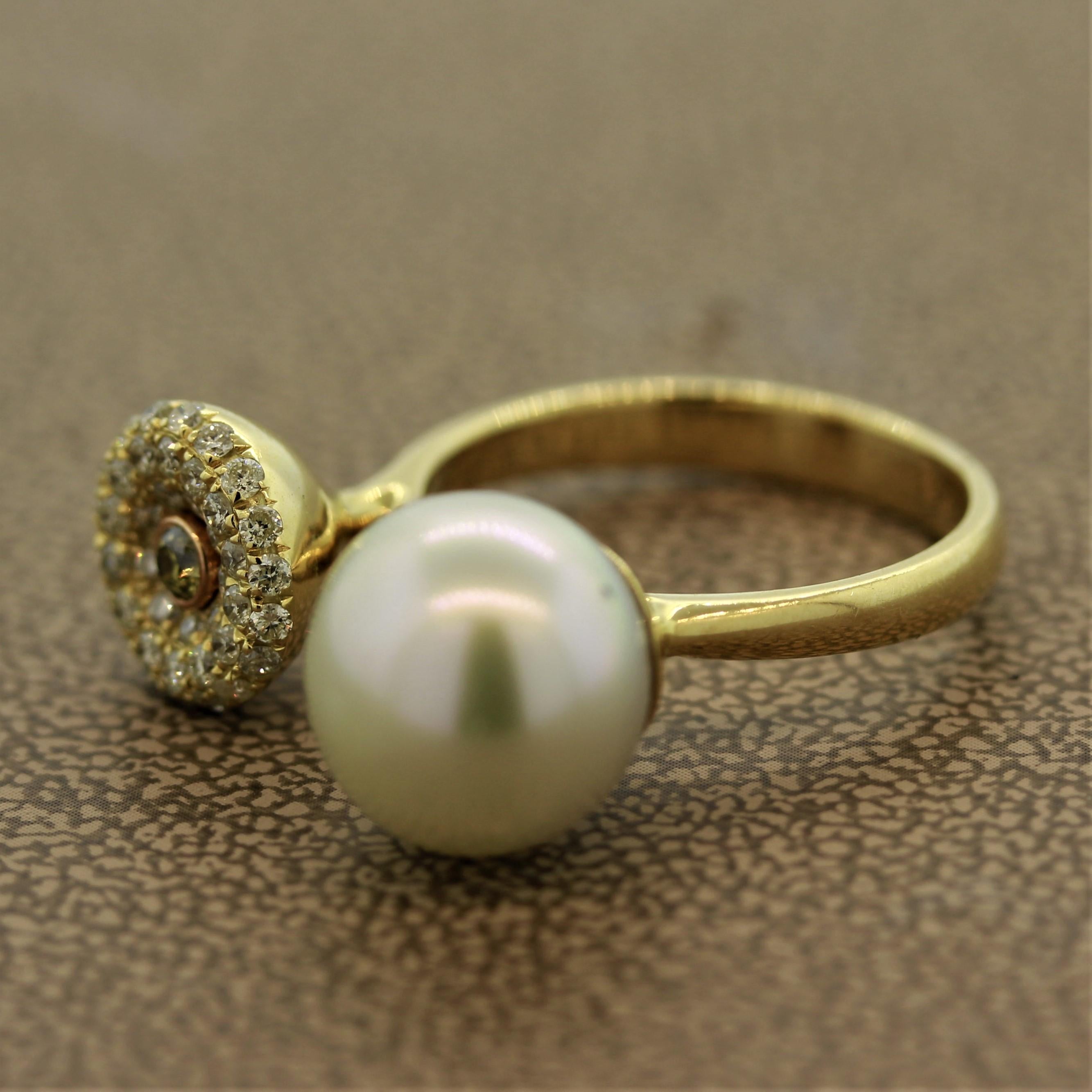 Round Cut South Sea Pearl Diamond Pavé Gold Ring