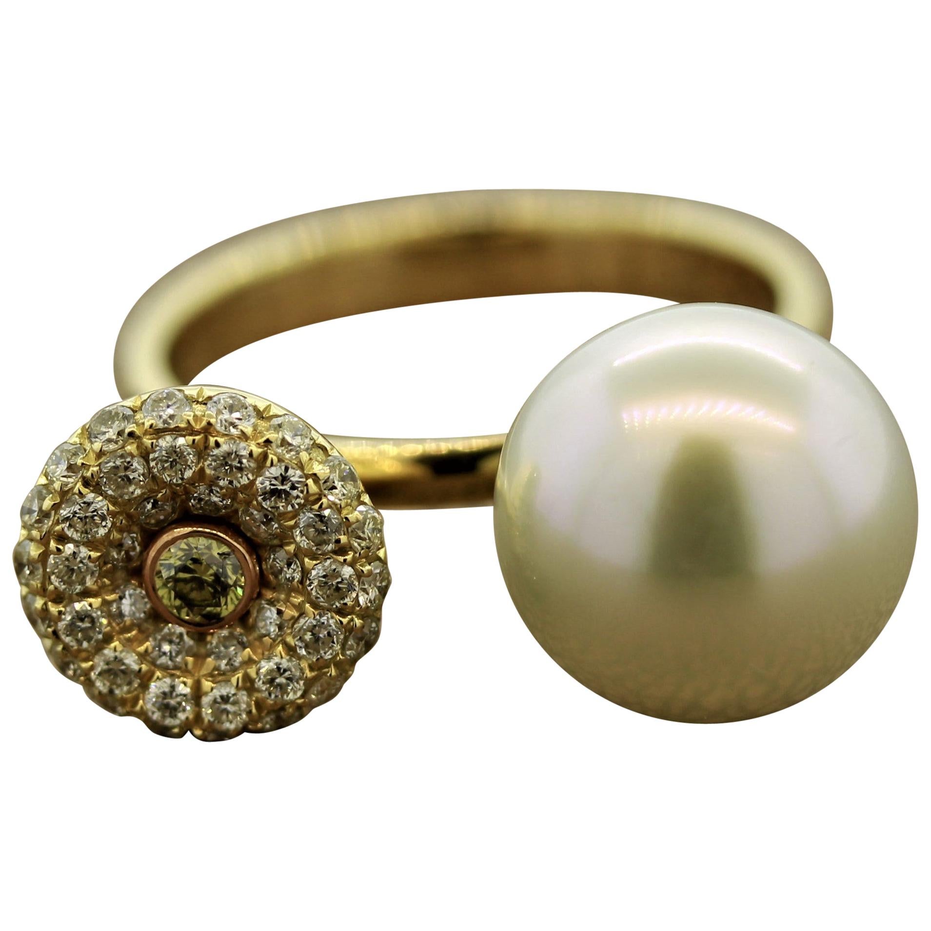 South Sea Pearl Diamond Pavé Gold Ring