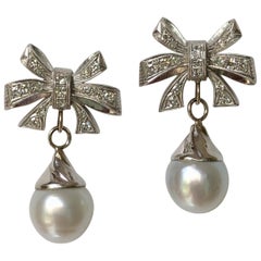 South Sea Pearl Diamond Platinum and 18 Karat Gold Drop Earrings