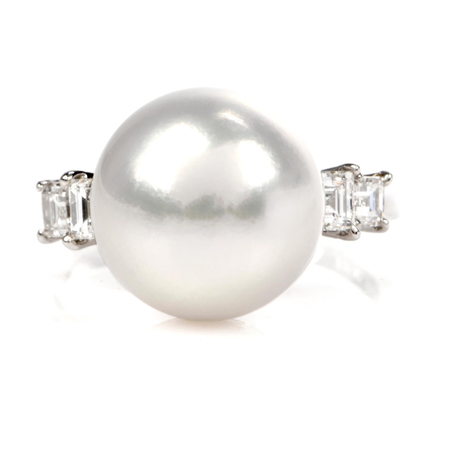 This exquisite cocktail ring with a highly lustrous 12mm South Sea Pearl of an enchanting white with a subtle nuance of pink color and Ascher-cut diamonds is crafted in solid platinum and weighs 5.7 grams. This cocktail ring exposes a 12mm AAA