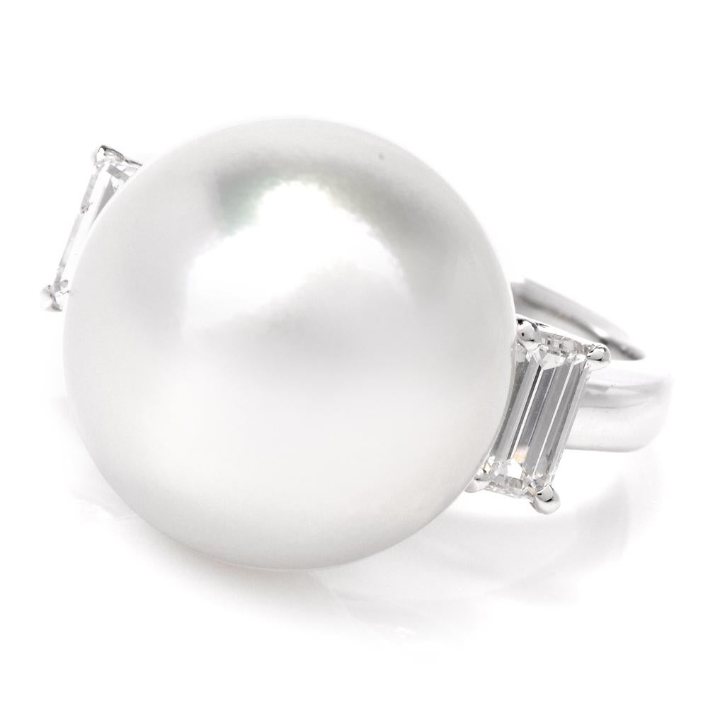 Baguette Cut South Sea Pearl Diamond Platinum Cocktail Ring