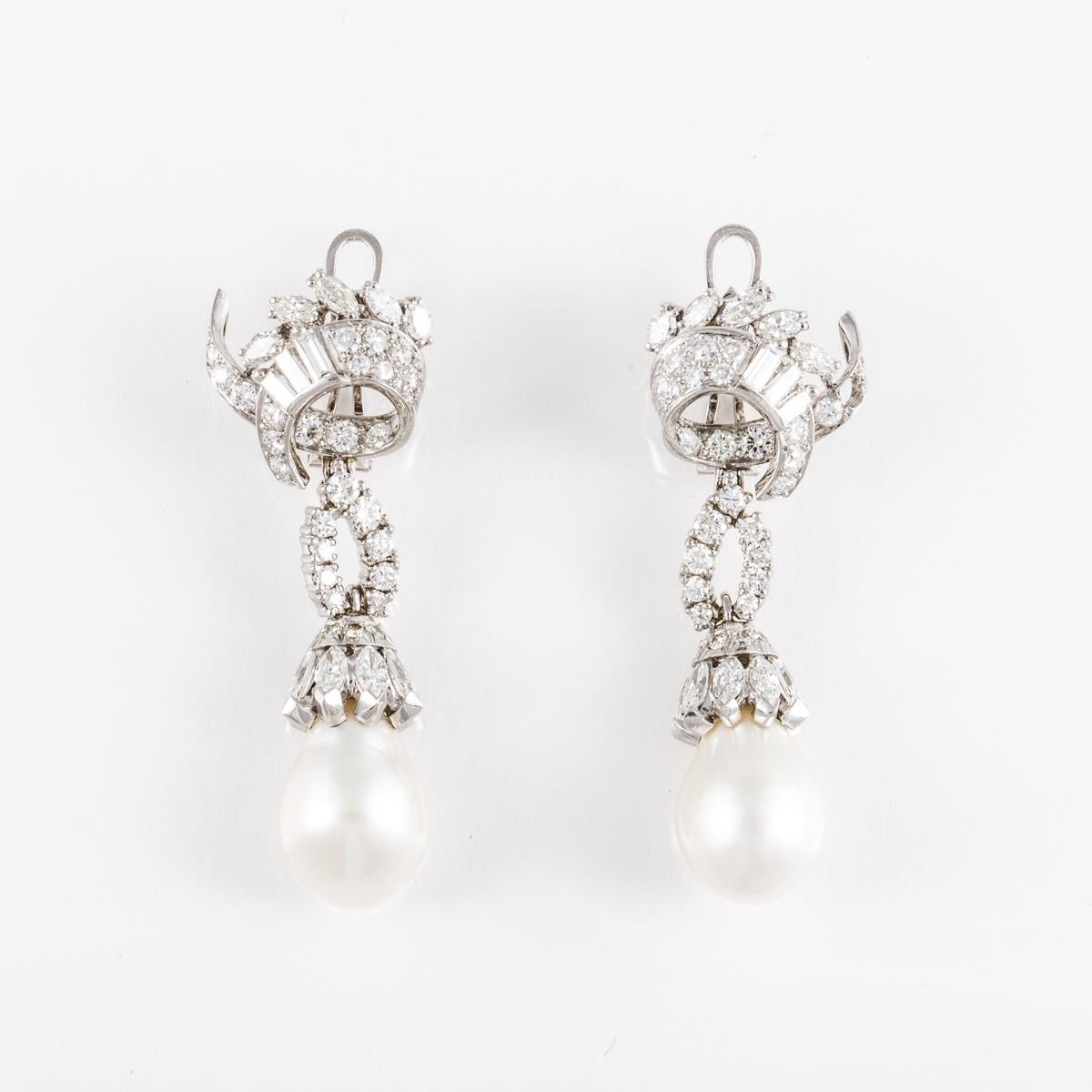 Mixed Cut Platinum Cultured South Sea Pearl and Diamond Earrings For Sale