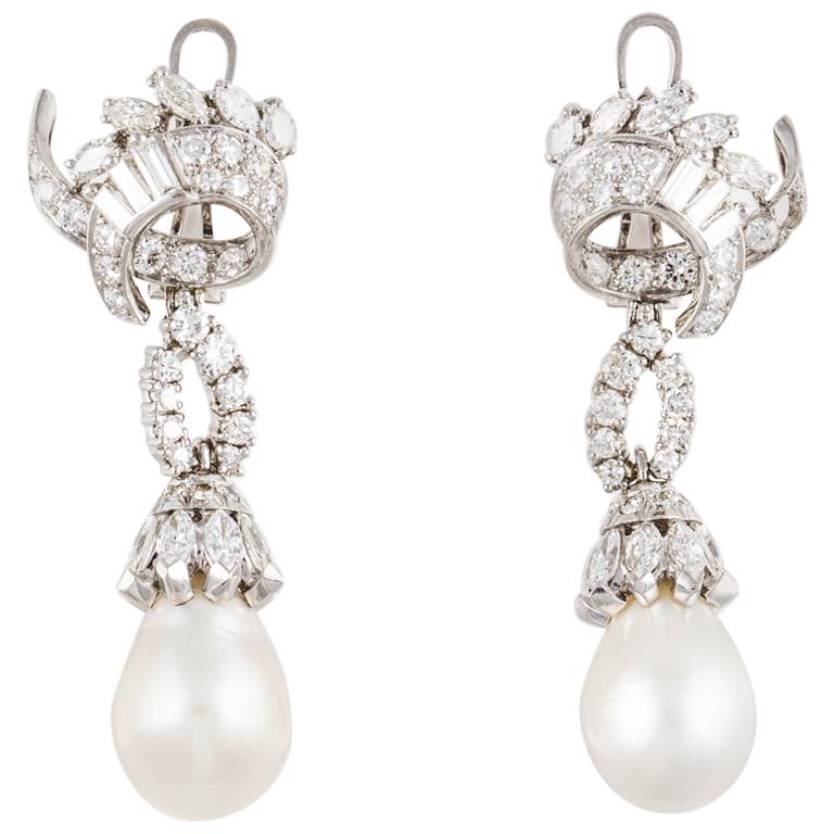 Platinum Cultured South Sea Pearl and Diamond Earrings For Sale