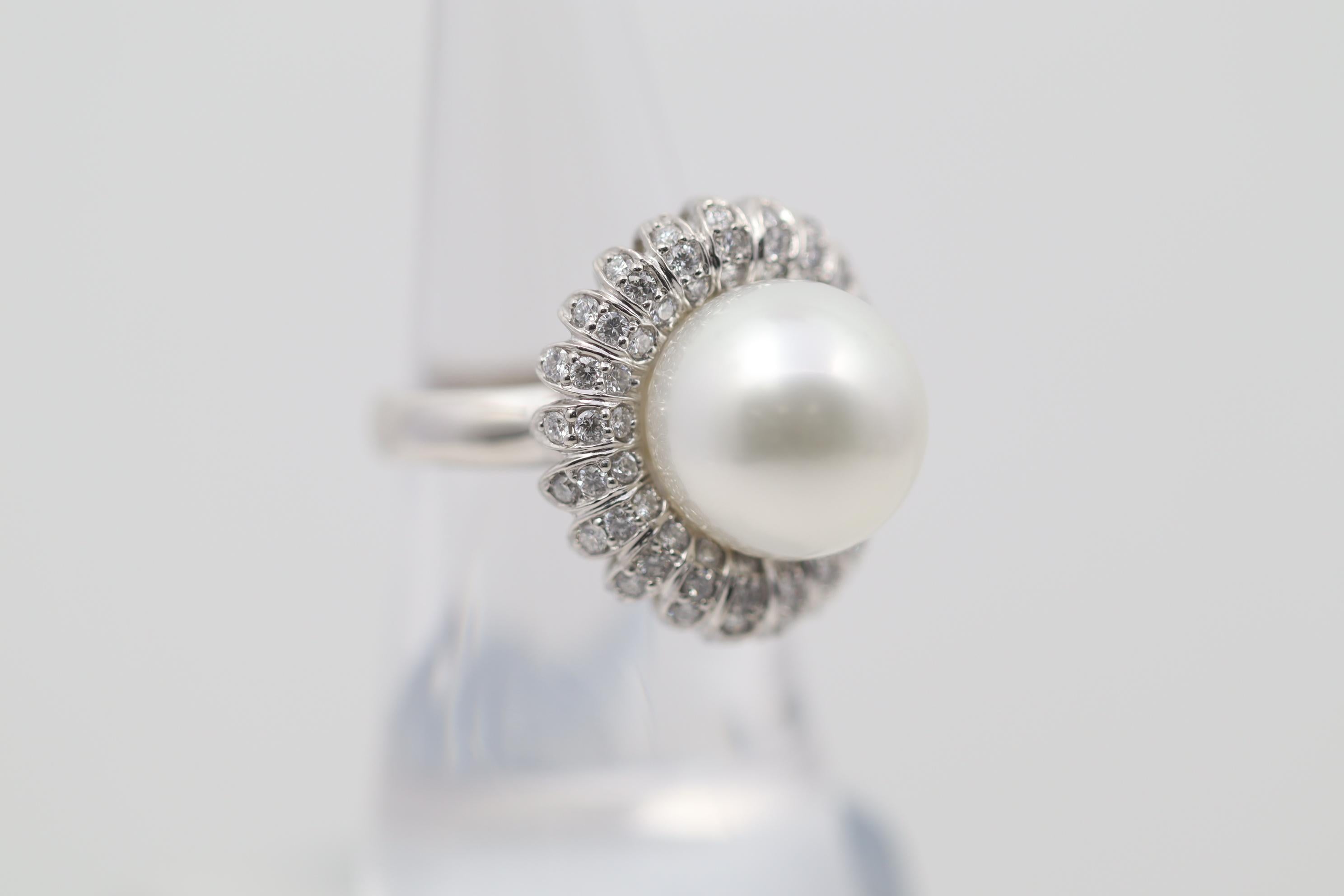 Mixed Cut South Sea Pearl Diamond Platinum Flower Ring For Sale