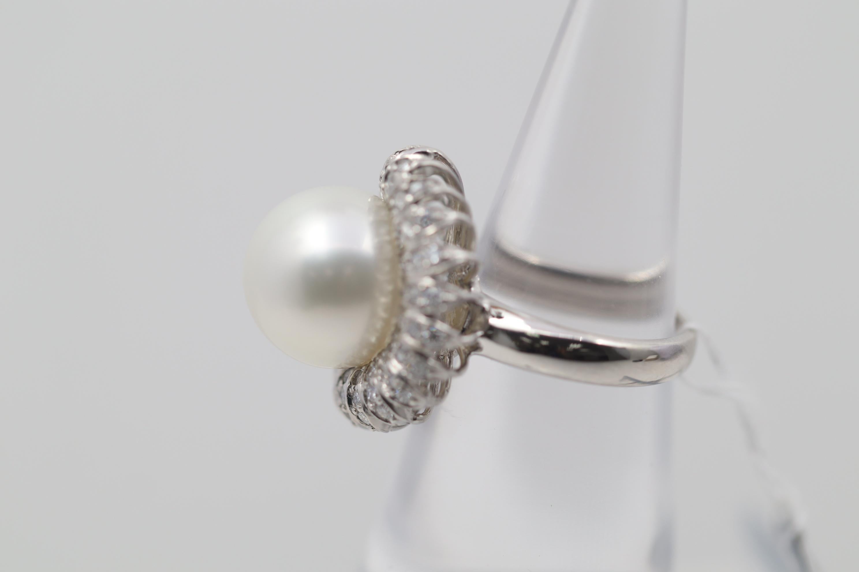 Women's South Sea Pearl Diamond Platinum Flower Ring For Sale