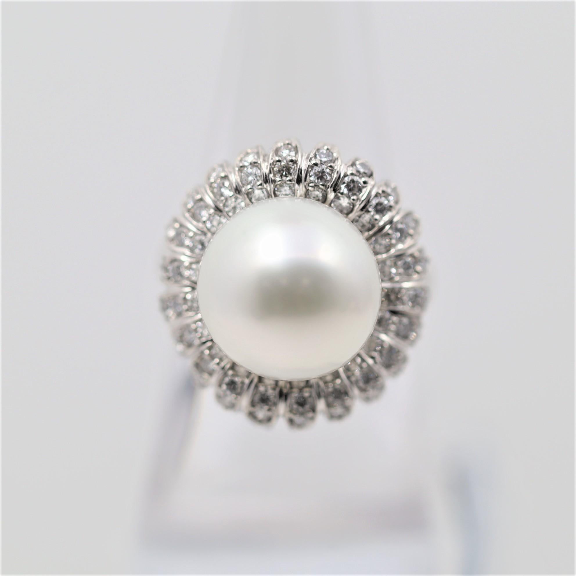 South Sea Pearl Diamond Platinum Flower Ring For Sale 1