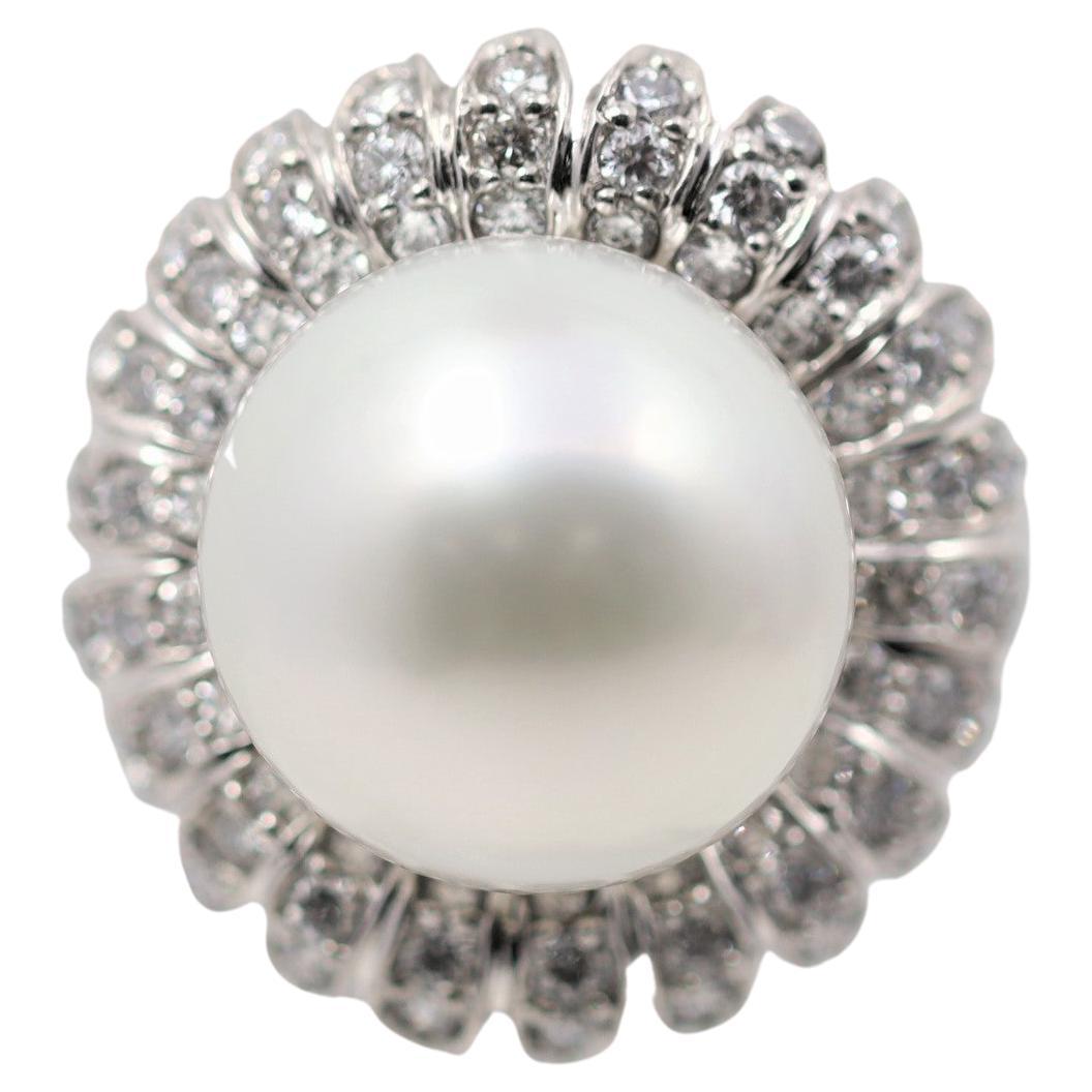 South Sea Pearl Diamond Platinum Flower Ring For Sale