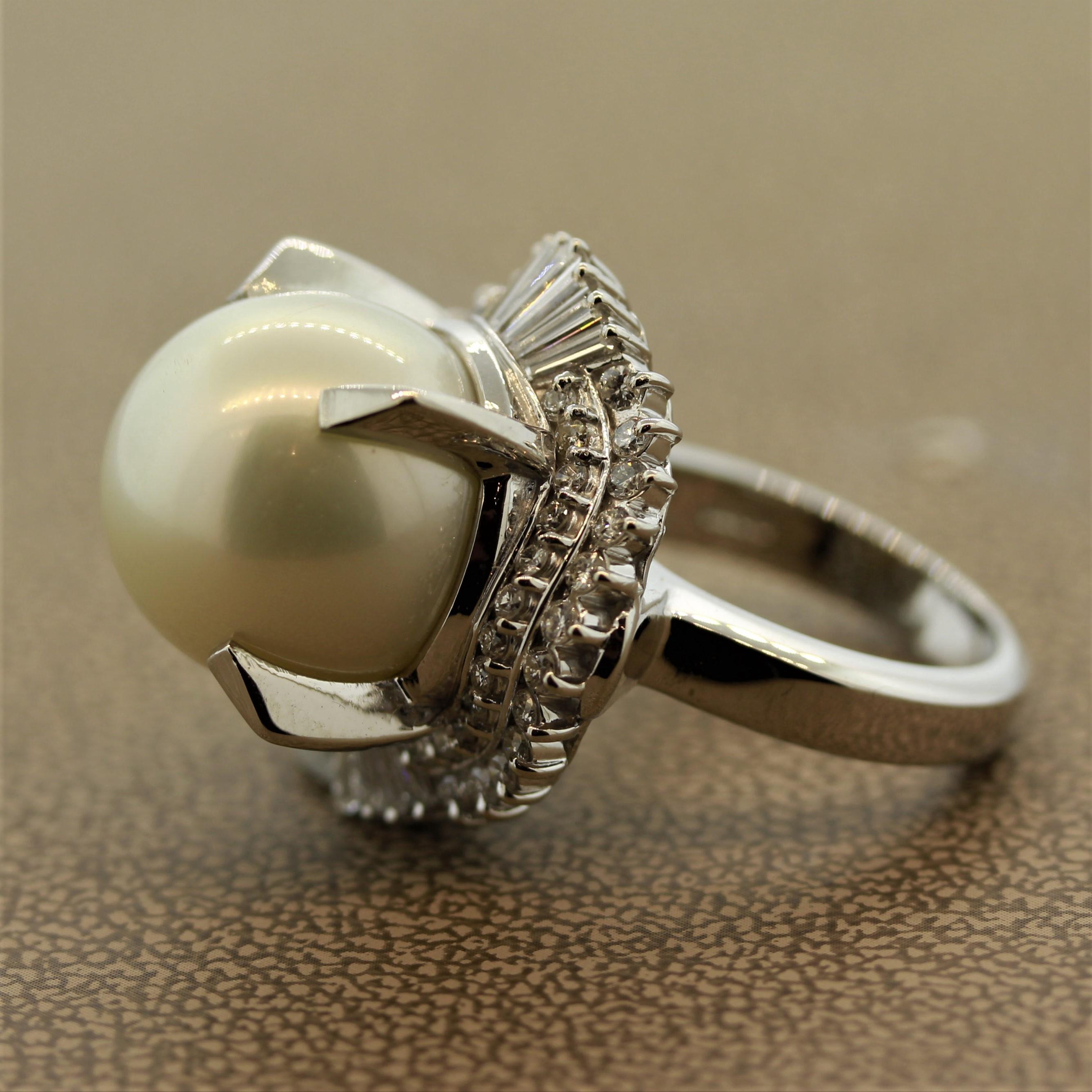 Mixed Cut South Sea Pearl Diamond Platinum Ring