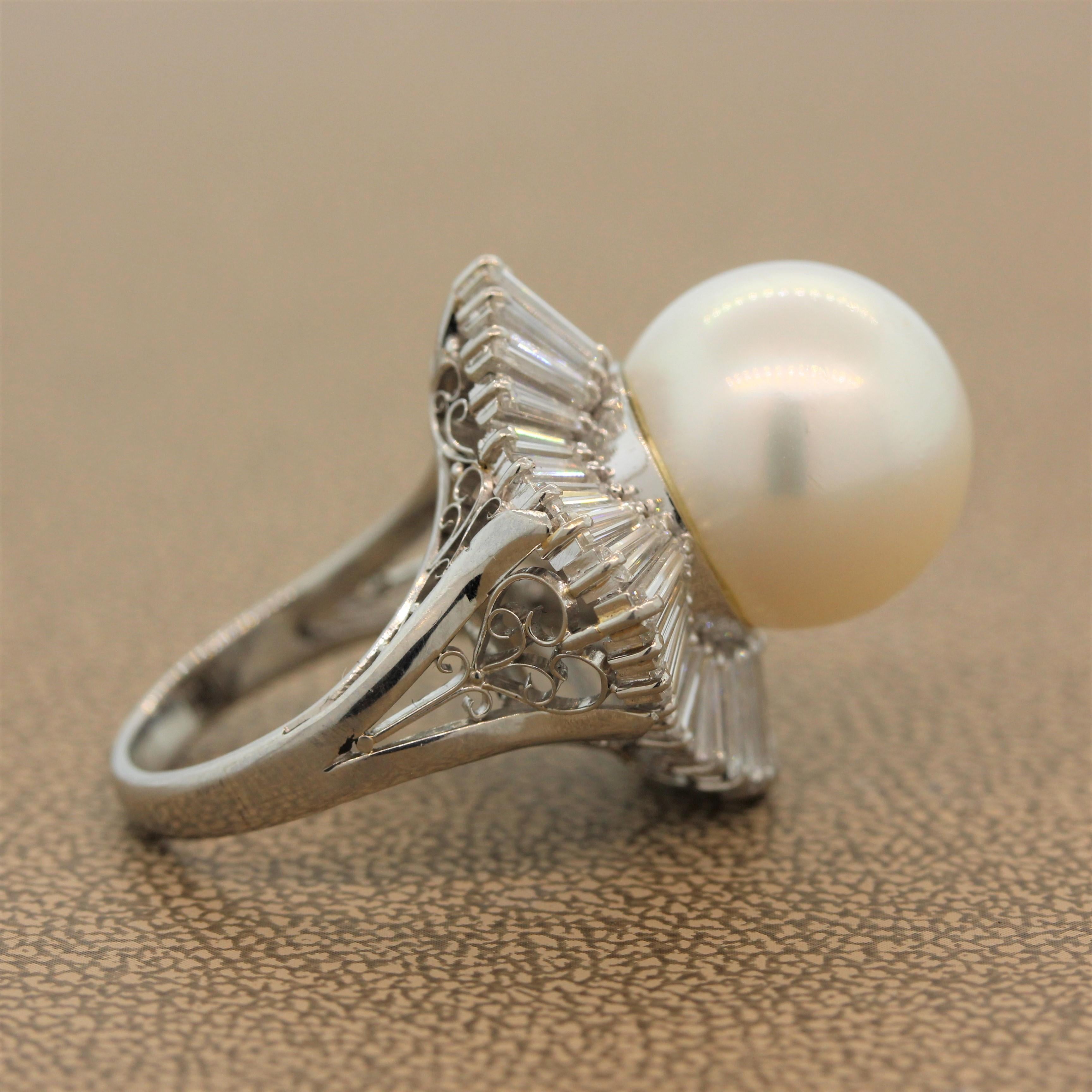 Women's or Men's South Sea Pearl Diamond Platinum Ring For Sale