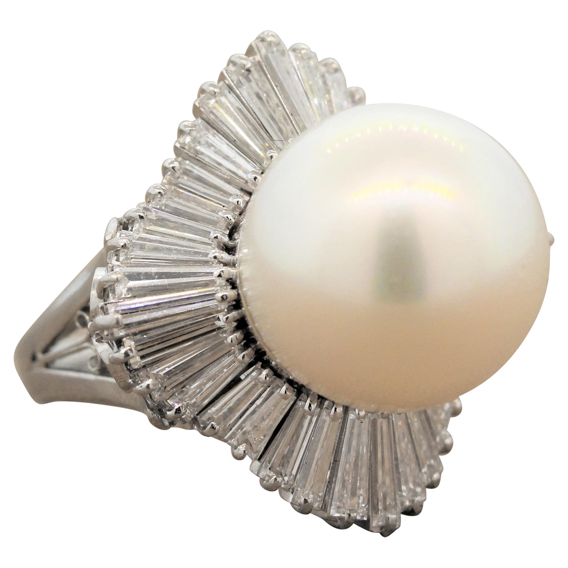 South Sea Pearl Diamond Platinum Ring For Sale