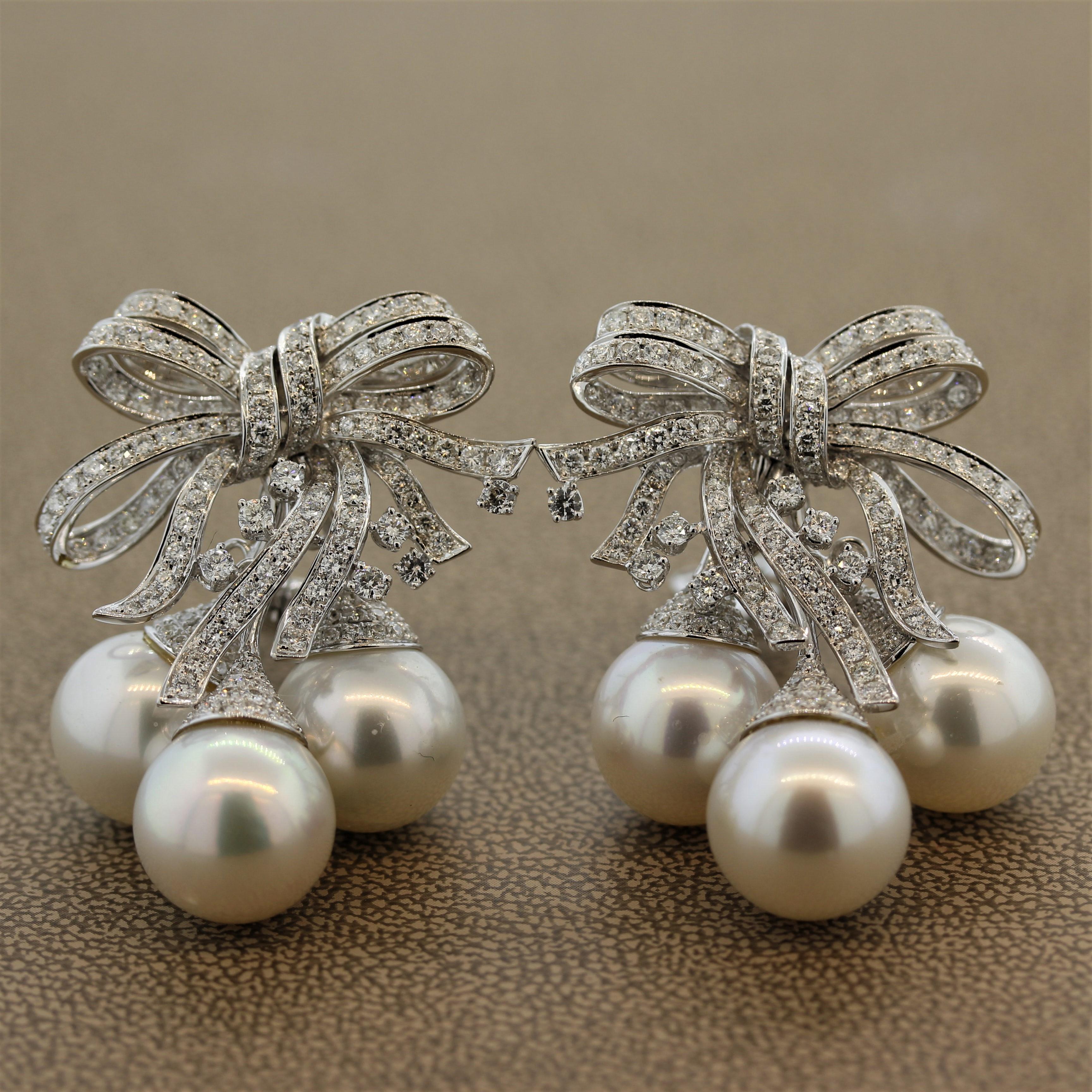 Round Cut South Sea Pearl Diamond Ribbon Gold Spray Earrings