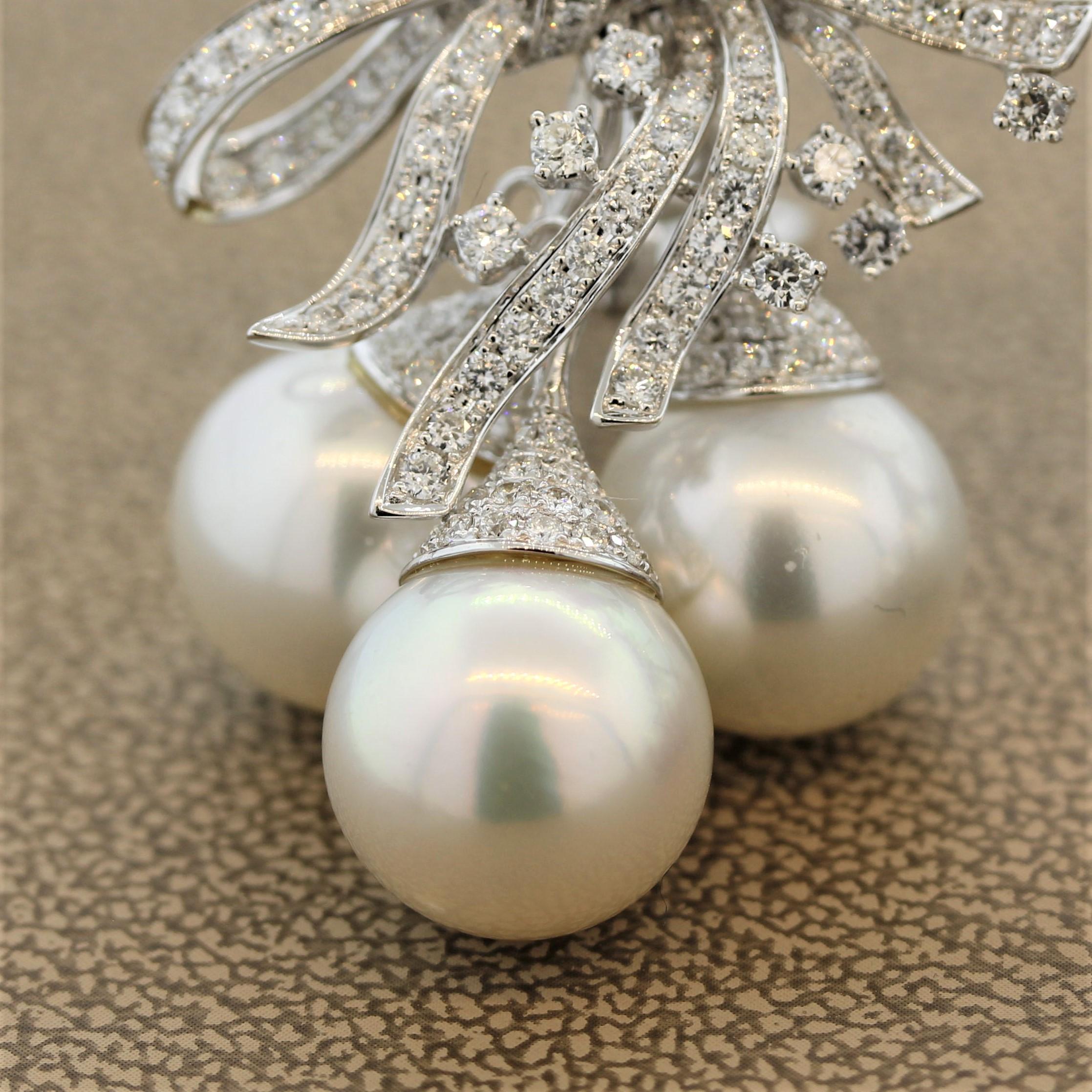 Women's South Sea Pearl Diamond Ribbon Gold Spray Earrings