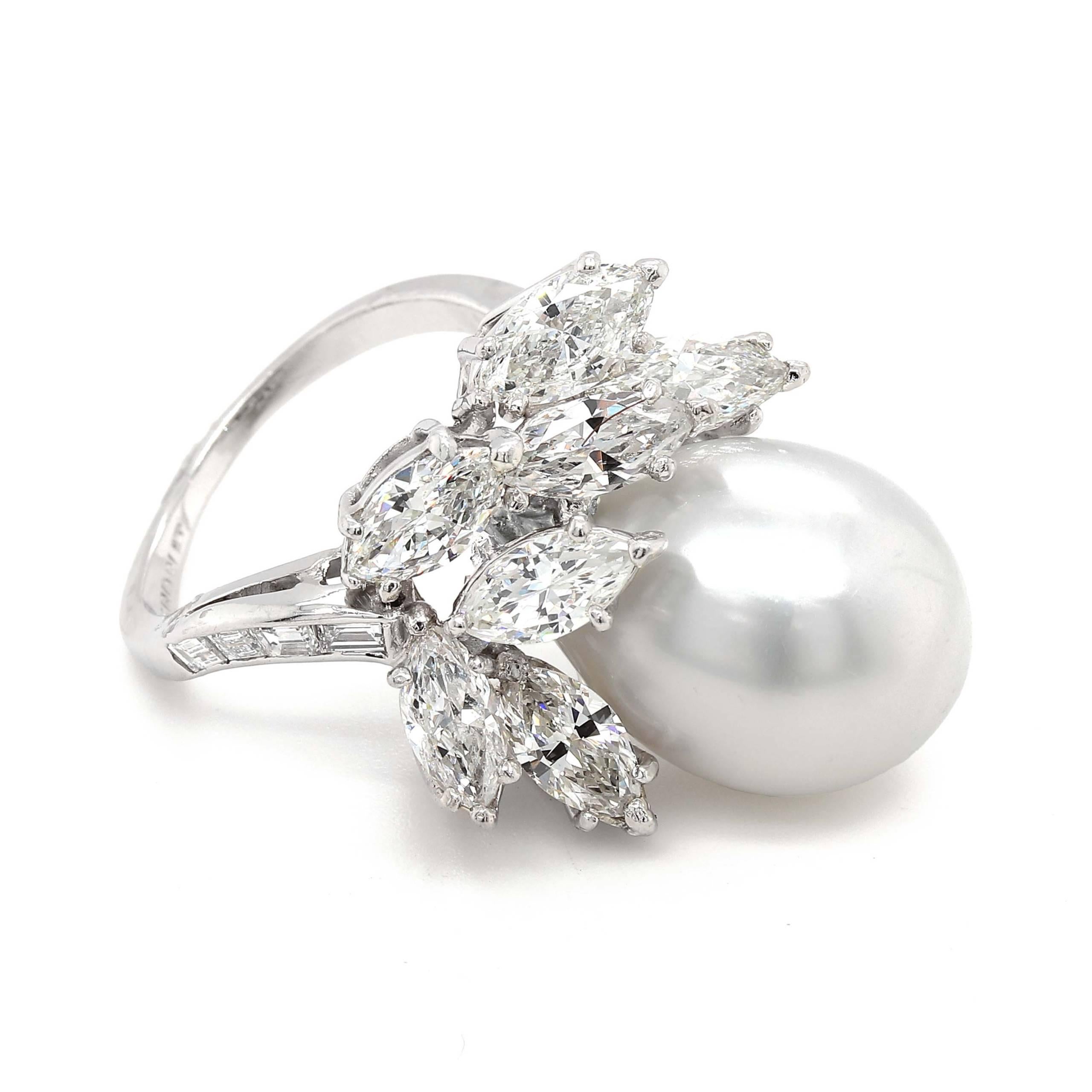 Marquise Cut South Sea Pearl Diamond Ring For Sale