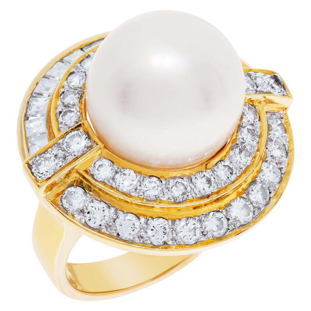 ESTIMATED RETAIL: $12,000 YOUR PRICE: - $6,800 South Sea Pearl & diamond ring in 18K with approximately 2.22 carats in round & princess cut G-H color, VS clarity diamonds. Pearl measures 9.5 mm. Size 6. This Pearl/diamond ring is currently size 6