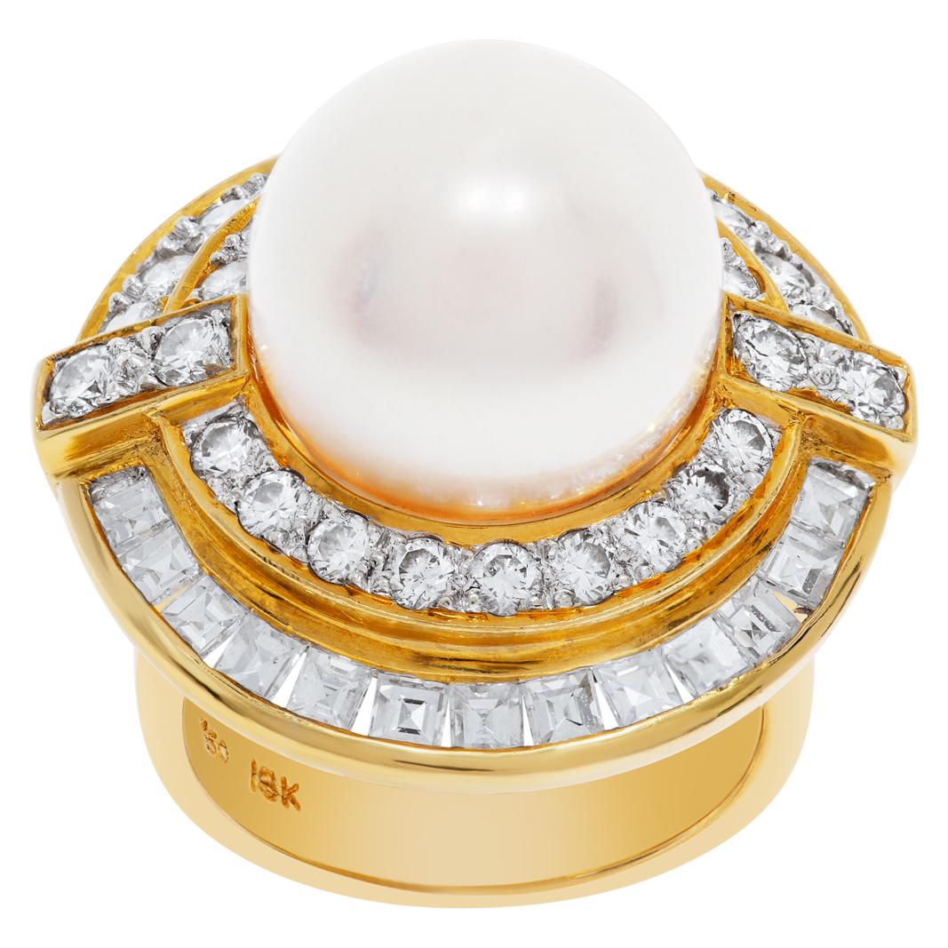 Round Cut South Sea Pearl Diamond Ring in 18k with Diamonds, 2.22 Carats in Diamonds