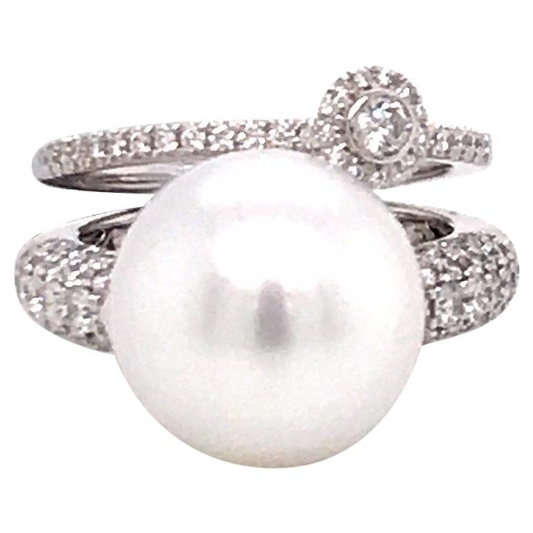 South Sea Pearl Diamond Ring in One 1.28 Carat 18 Karat White Gold For Sale