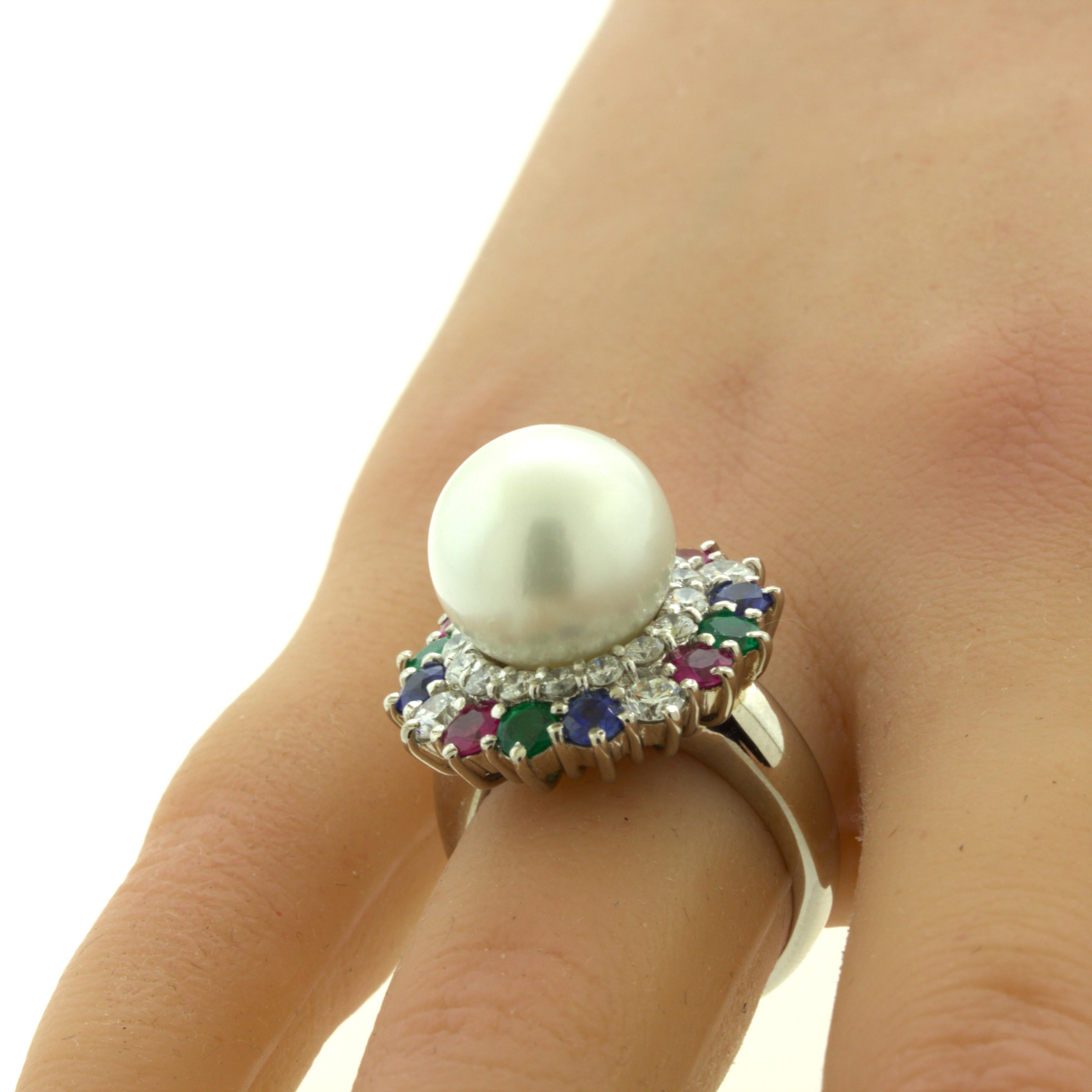 South Sea Pearl Diamond Ruby Sapphire Emerald Platinum Ring For Sale 4