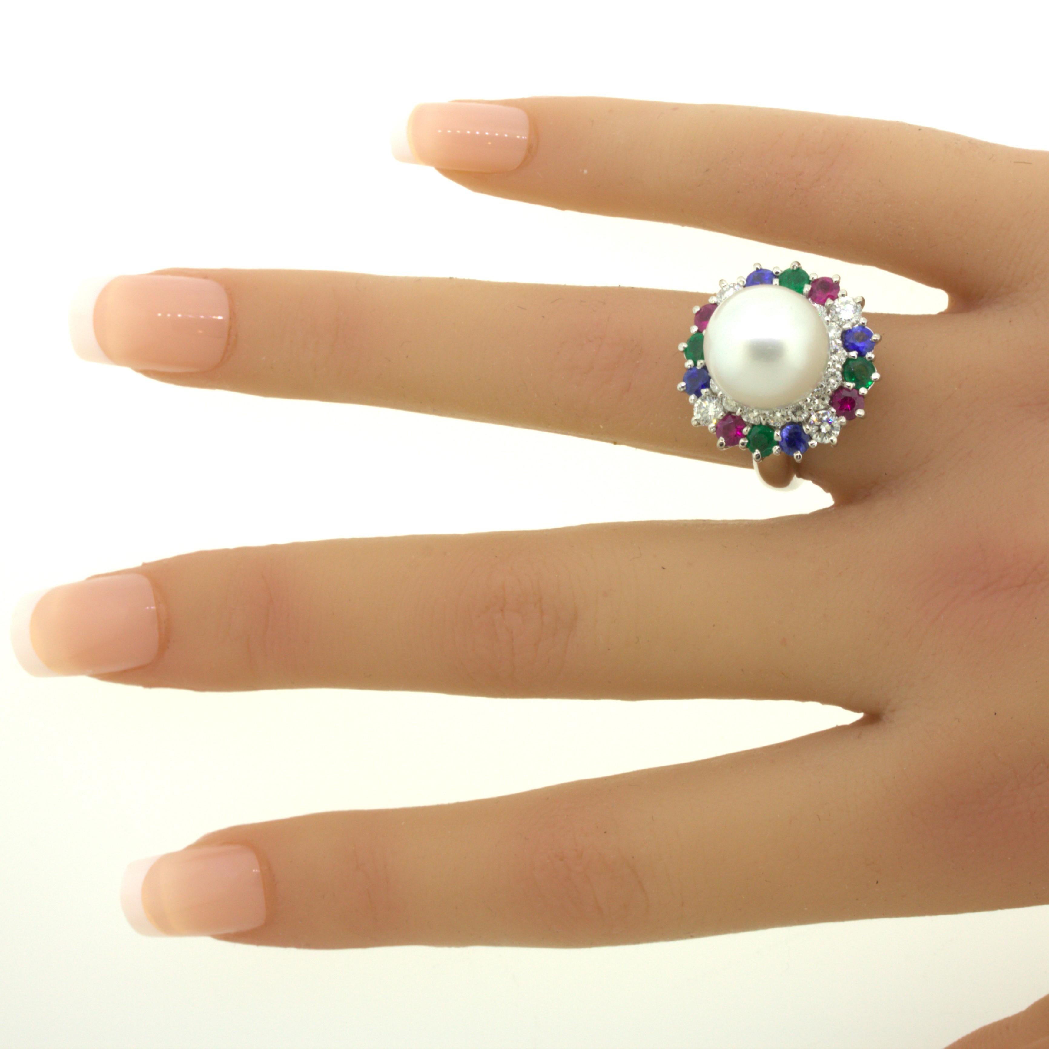 South Sea Pearl Diamond Ruby Sapphire Emerald Platinum Ring For Sale 5