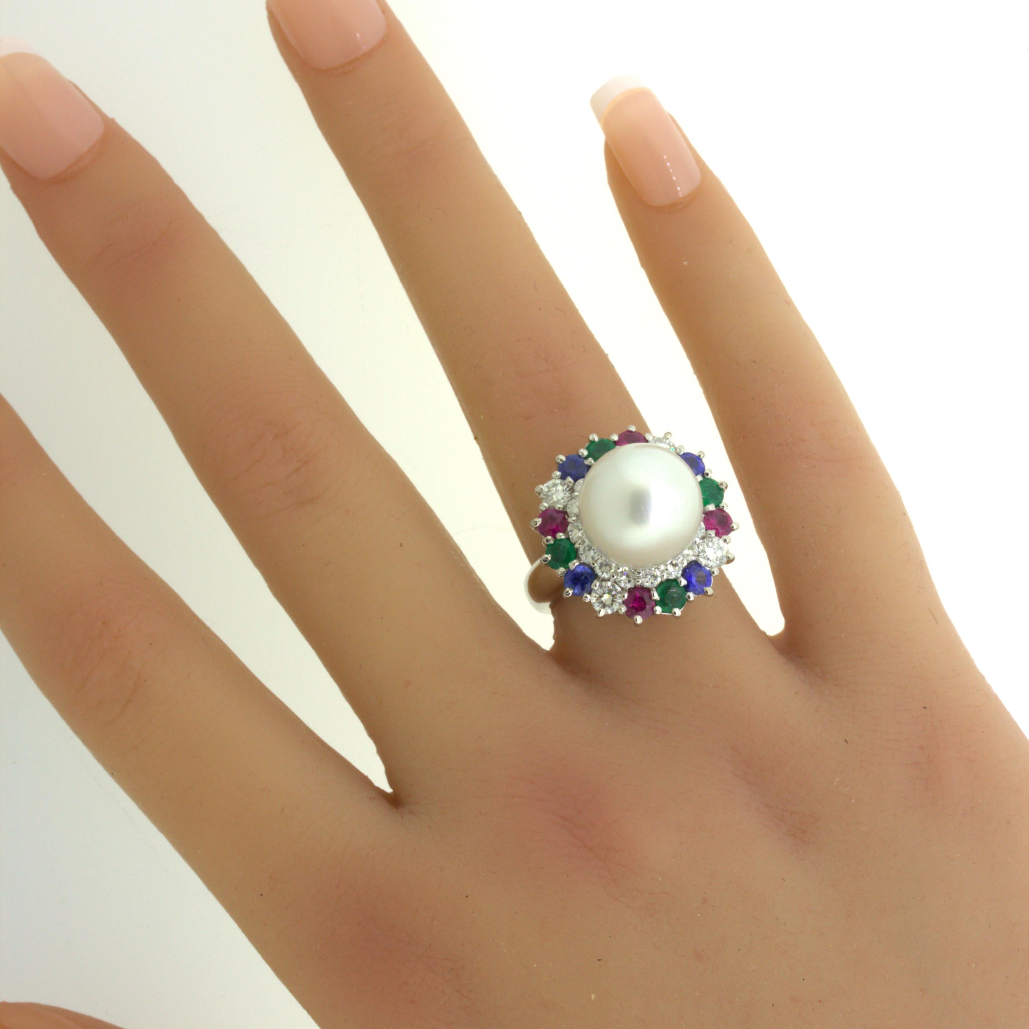 South Sea Pearl Diamond Ruby Sapphire Emerald Platinum Ring For Sale 6