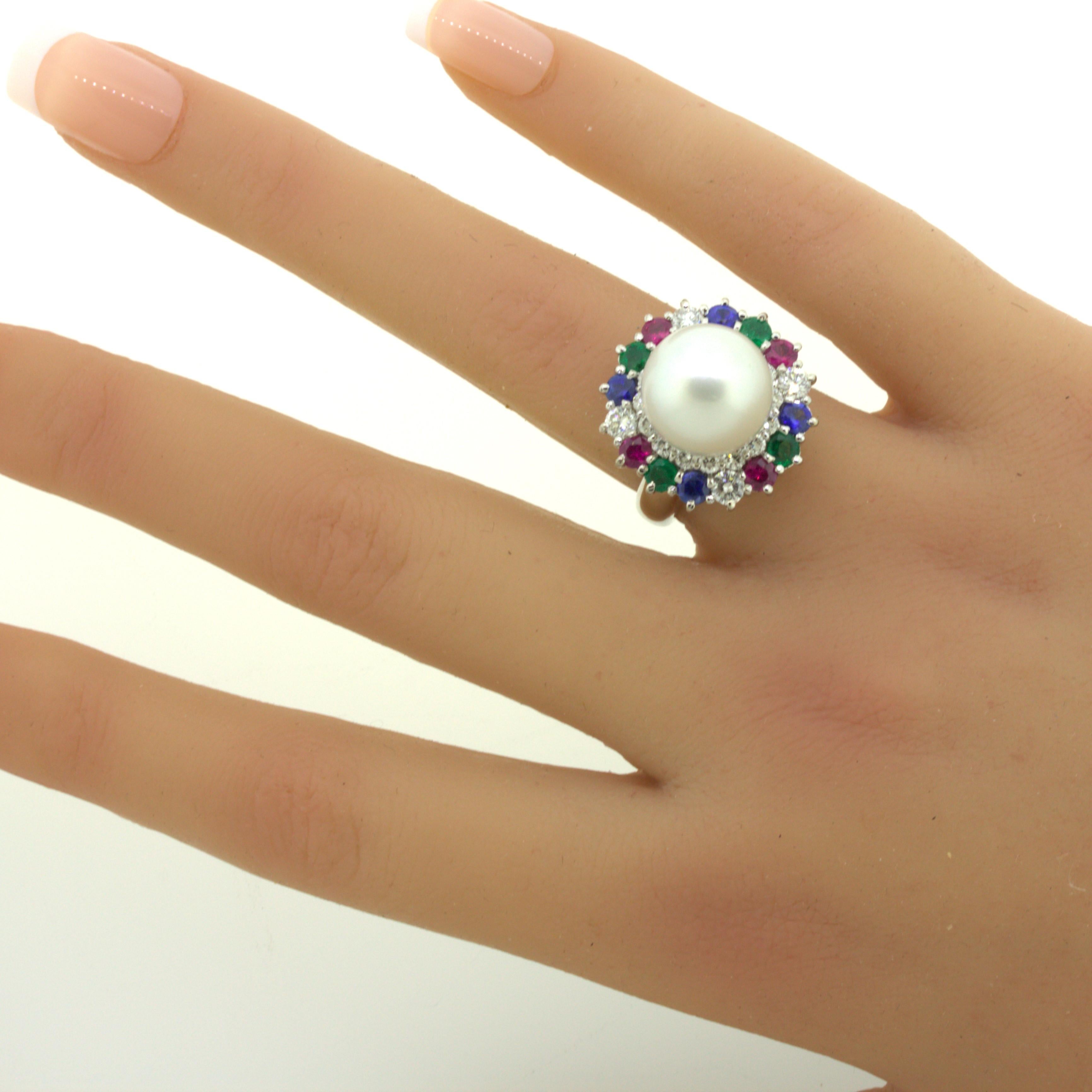 South Sea Pearl Diamond Ruby Sapphire Emerald Platinum Ring For Sale 7