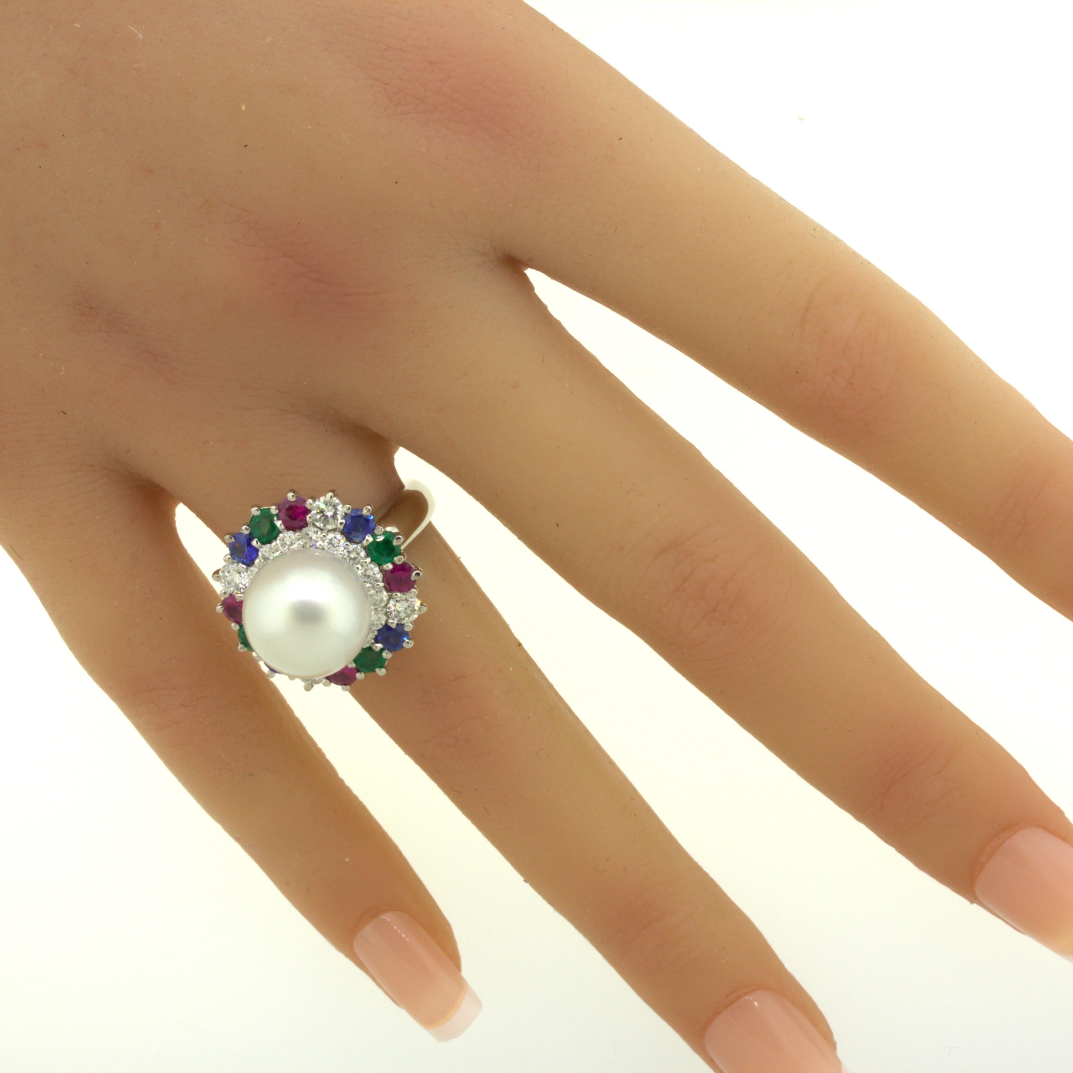 South Sea Pearl Diamond Ruby Sapphire Emerald Platinum Ring For Sale 8