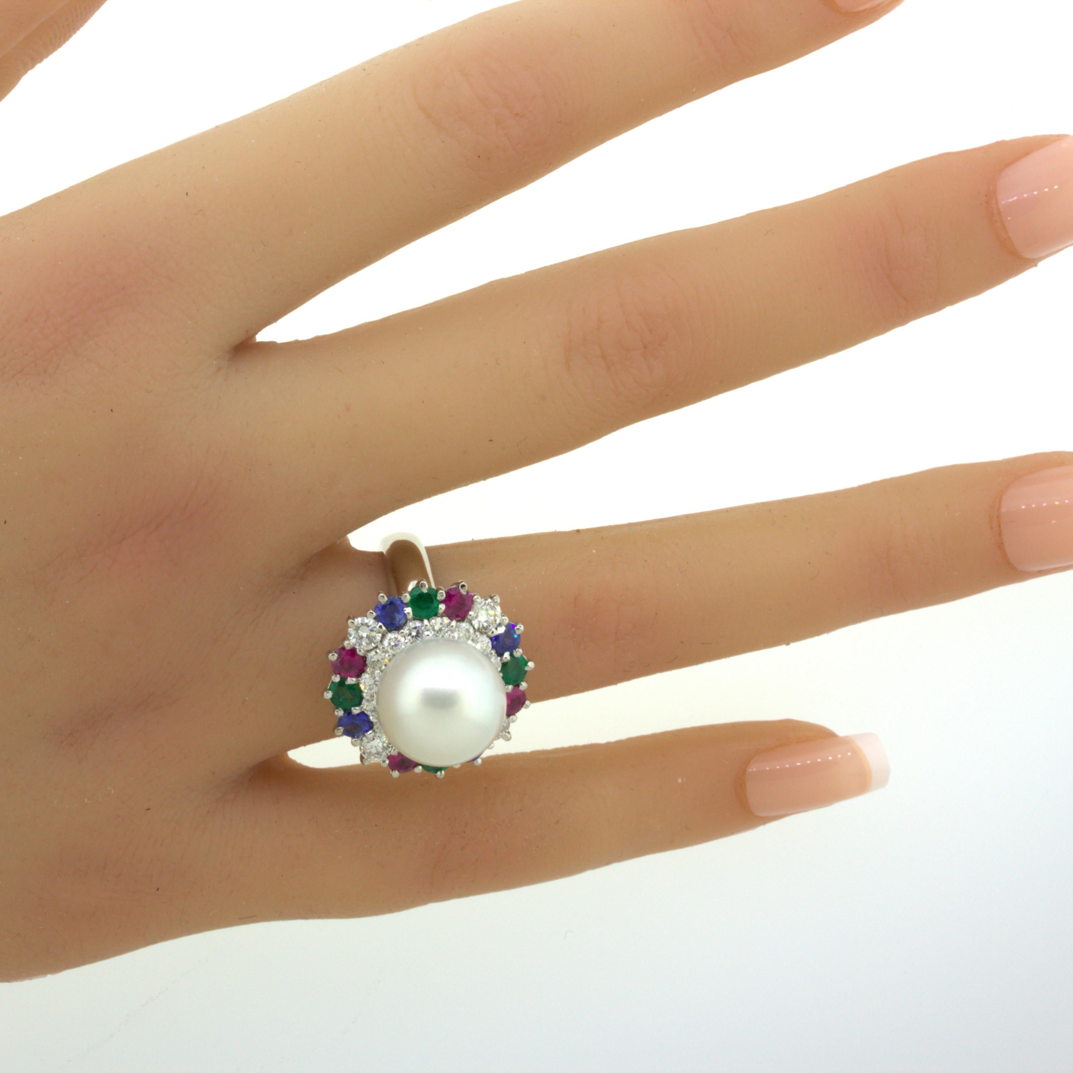 South Sea Pearl Diamond Ruby Sapphire Emerald Platinum Ring For Sale 9