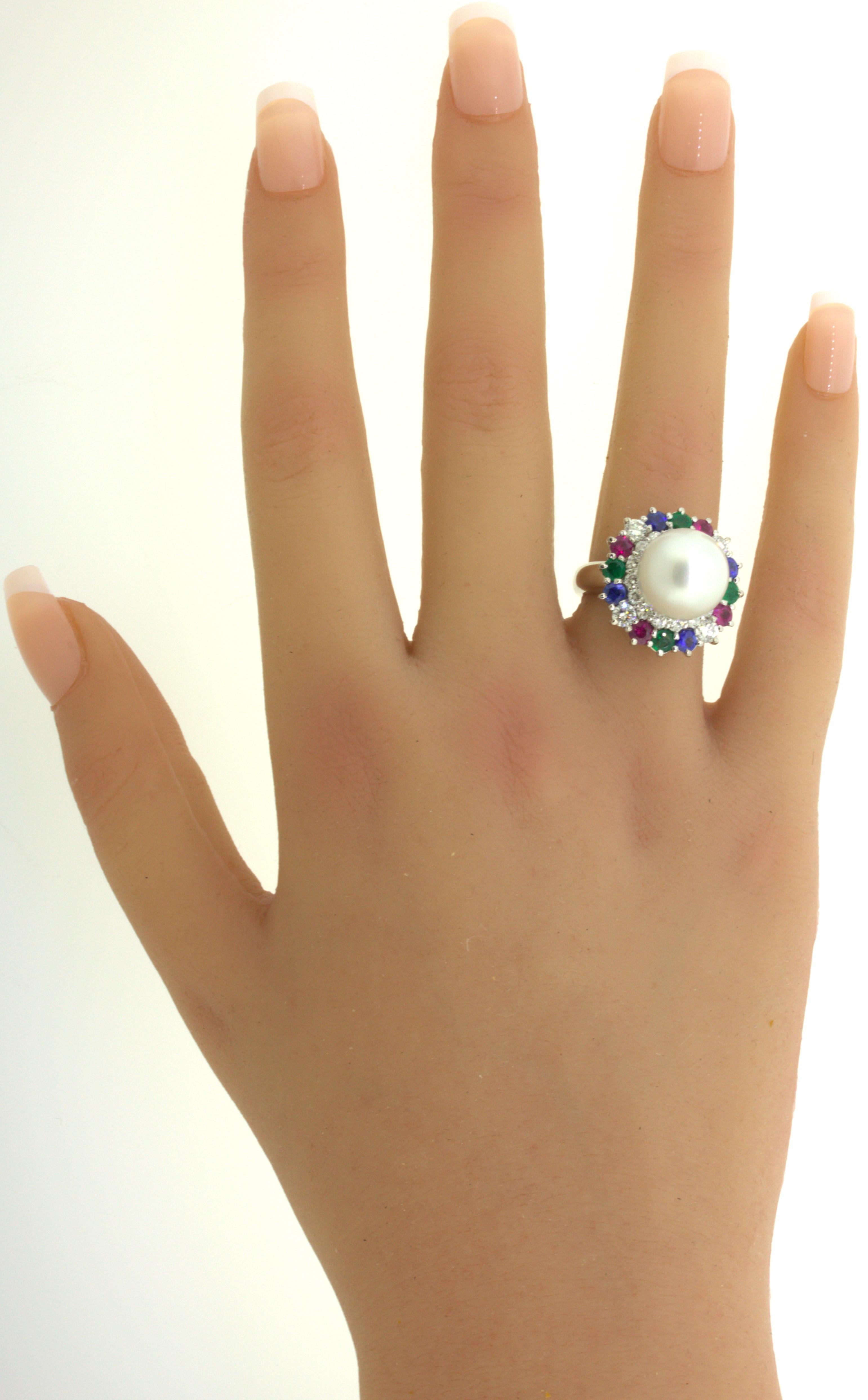 South Sea Pearl Diamond Ruby Sapphire Emerald Platinum Ring For Sale 10