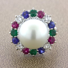 South Sea Pearl Diamond Ruby Sapphire Emerald Platinum Ring