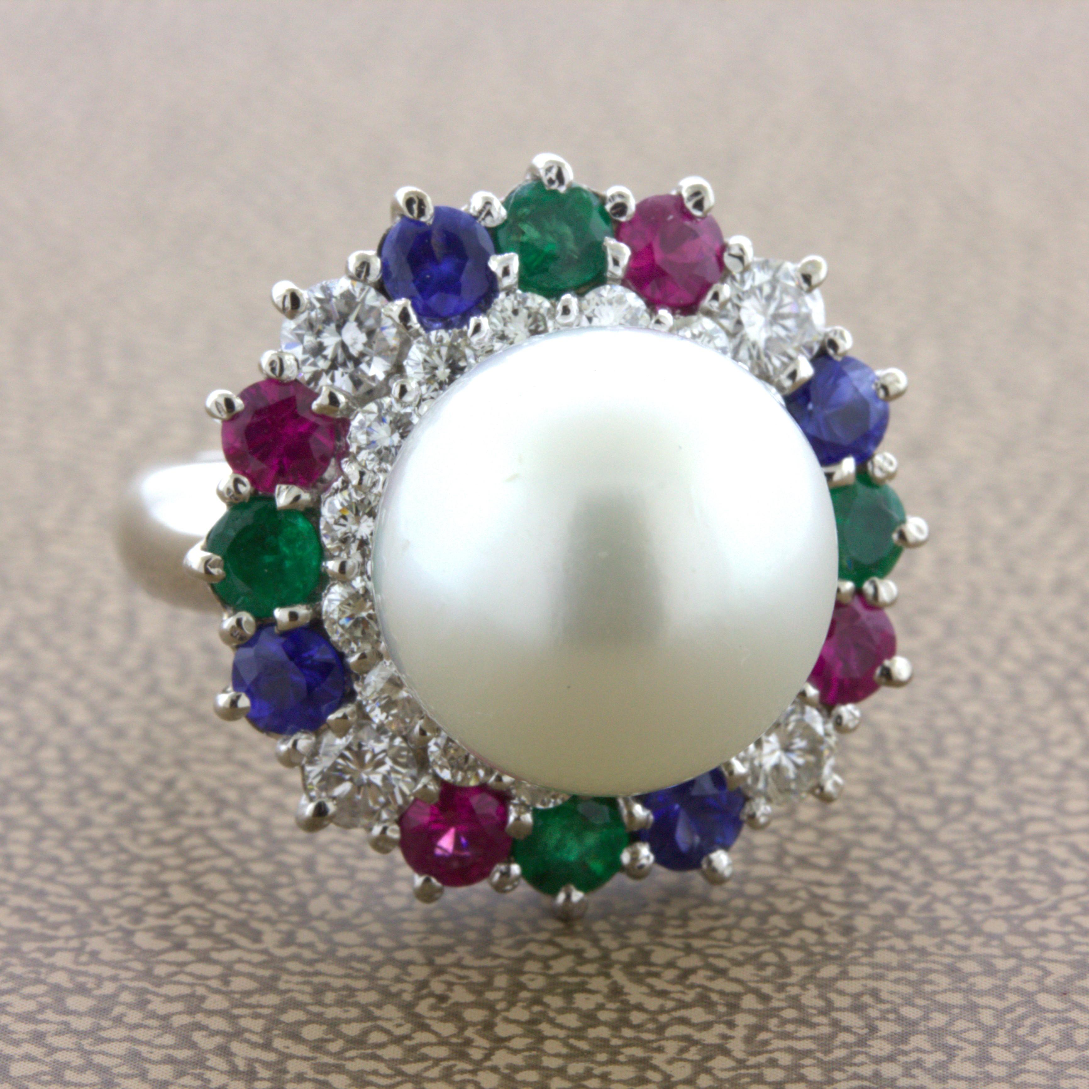 Ball Cut South Sea Pearl Diamond Ruby Sapphire Emerald Platinum Ring For Sale