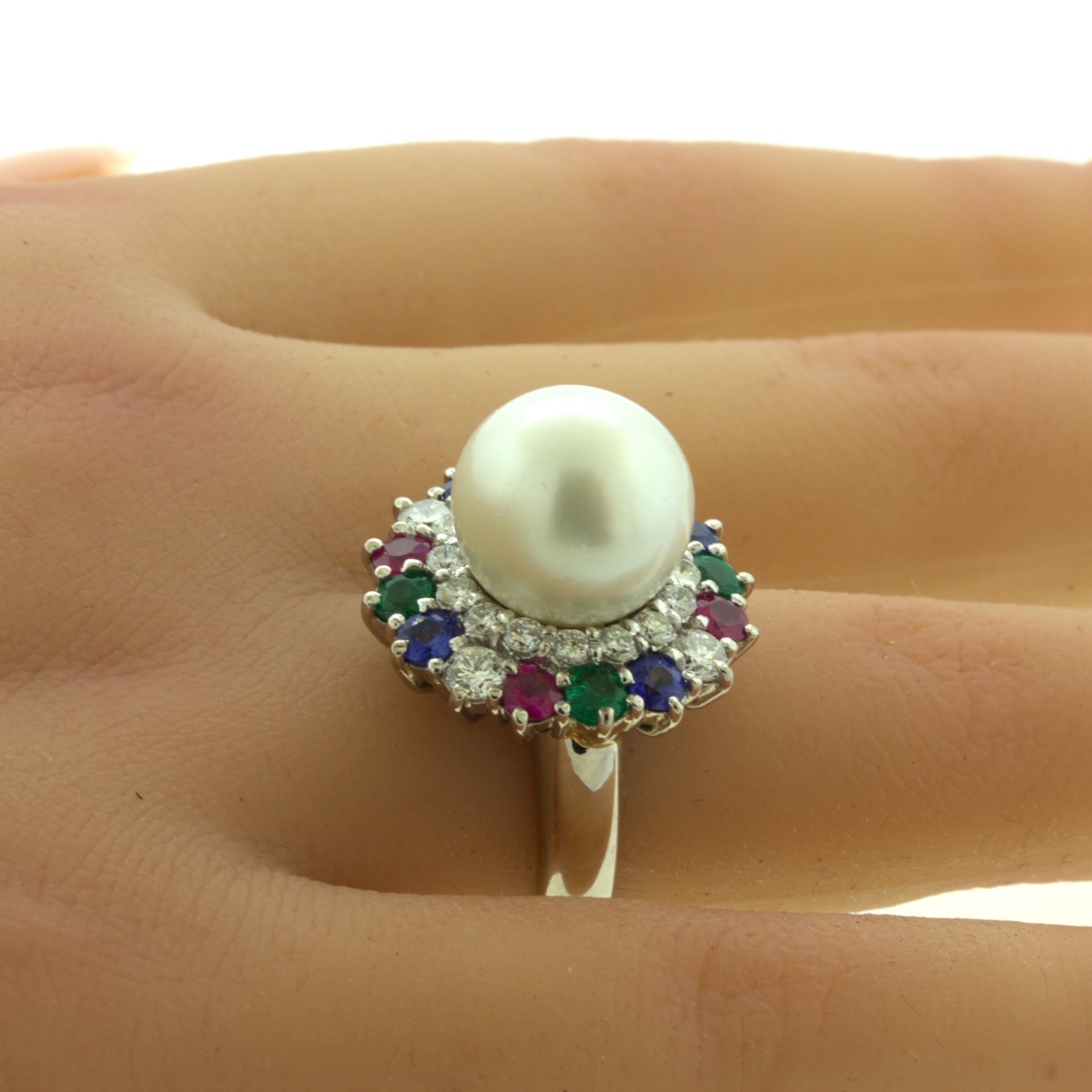 South Sea Pearl Diamond Ruby Sapphire Emerald Platinum Ring In New Condition For Sale In Beverly Hills, CA