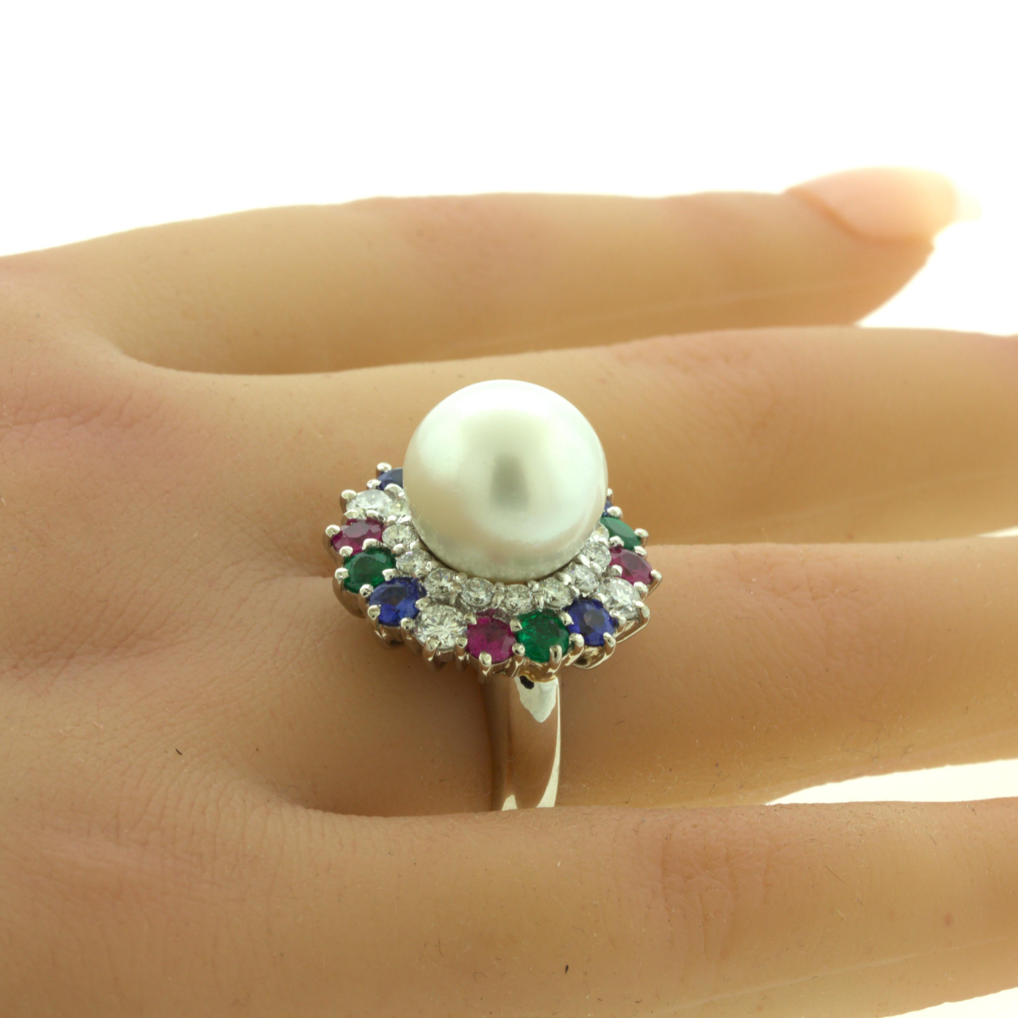 Women's South Sea Pearl Diamond Ruby Sapphire Emerald Platinum Ring For Sale