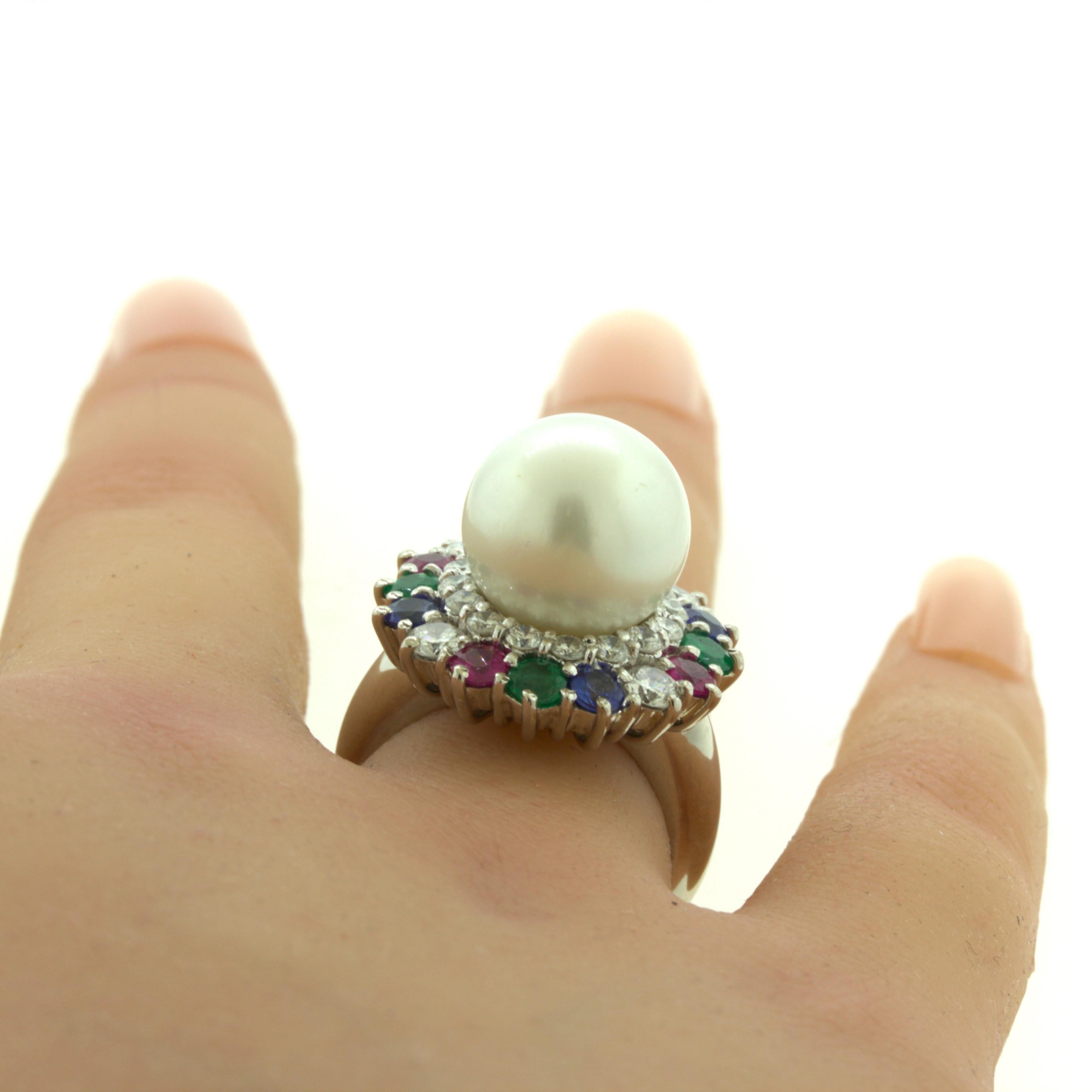 South Sea Pearl Diamond Ruby Sapphire Emerald Platinum Ring For Sale 1