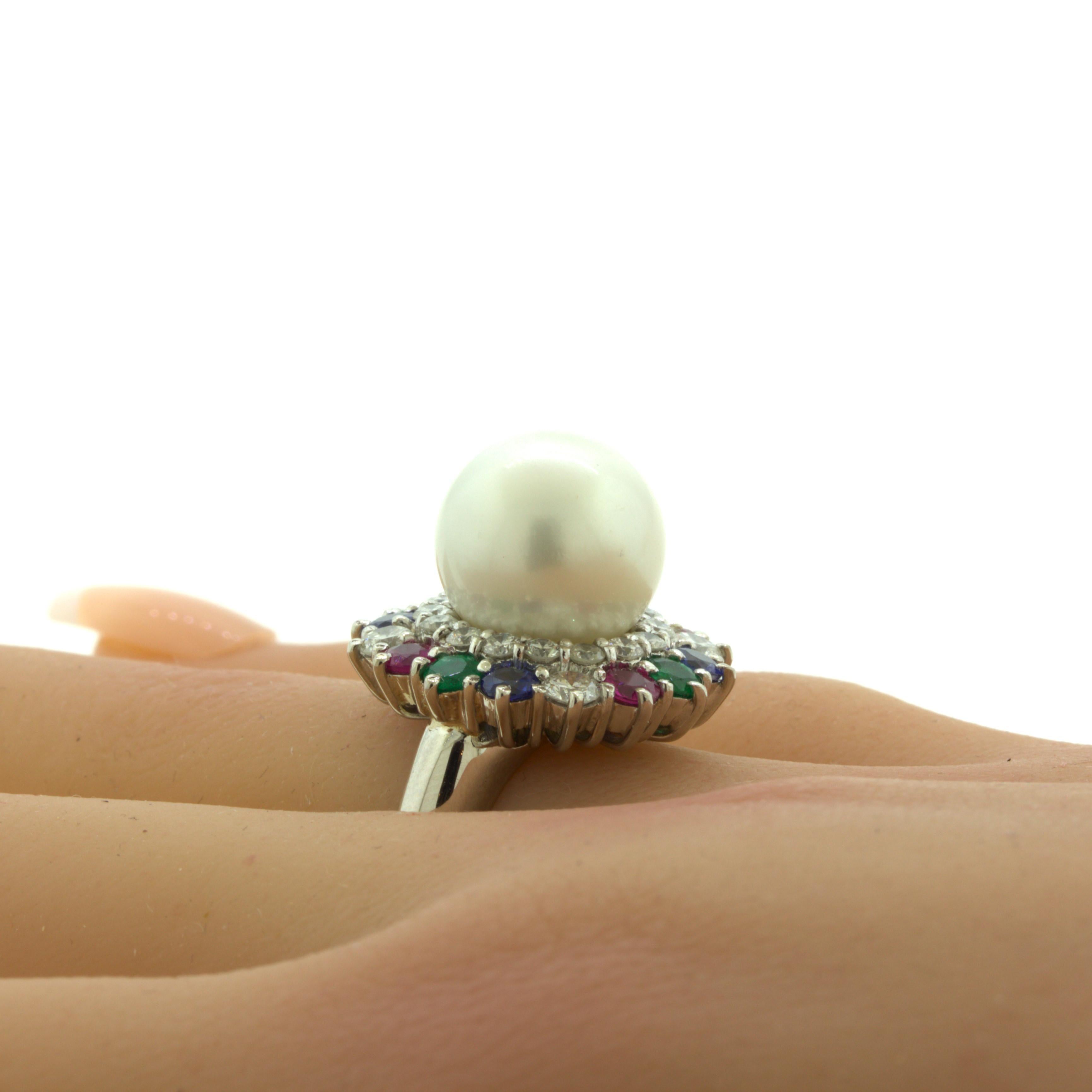 South Sea Pearl Diamond Ruby Sapphire Emerald Platinum Ring For Sale 2