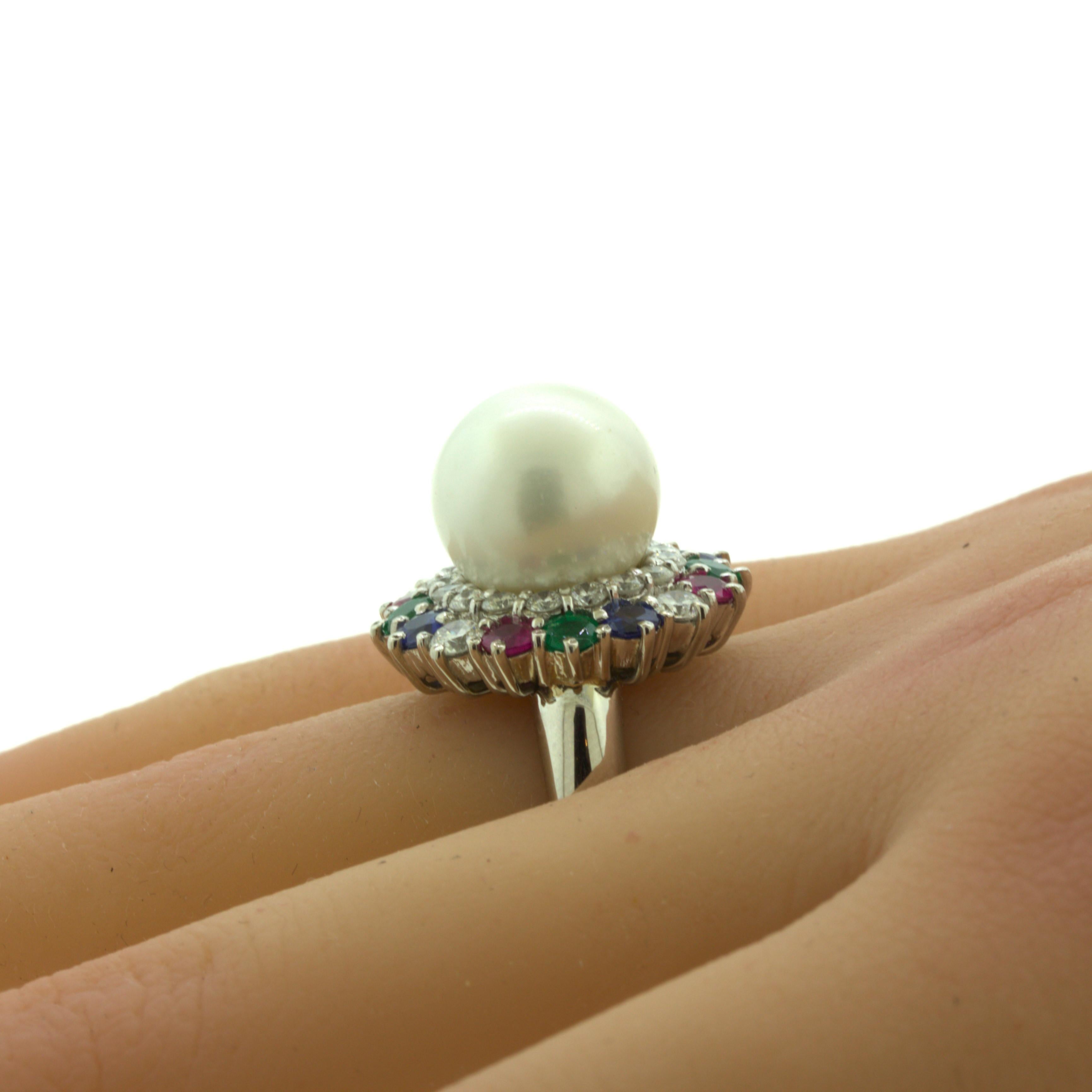 South Sea Pearl Diamond Ruby Sapphire Emerald Platinum Ring For Sale 3