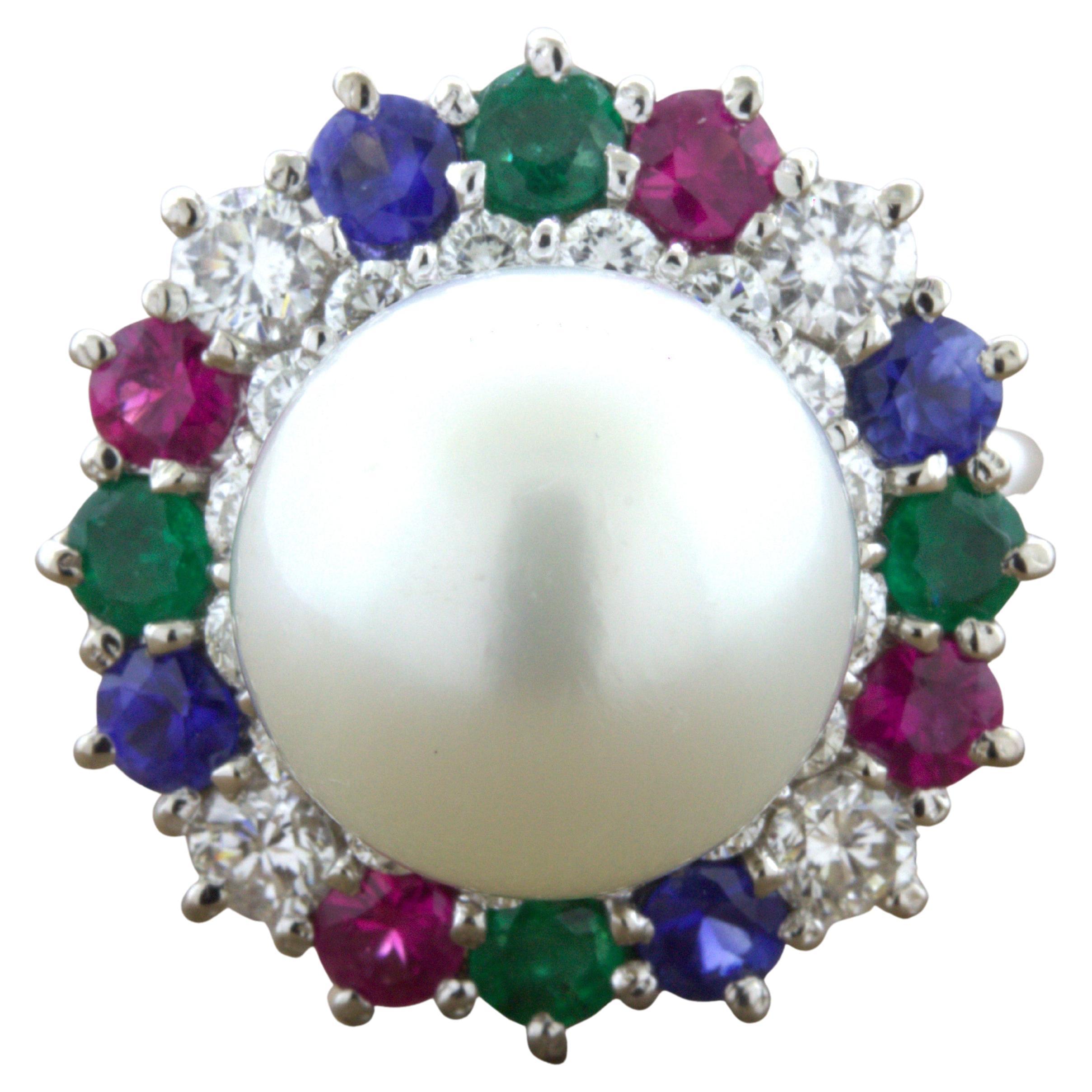 South Sea Pearl Diamond Ruby Sapphire Emerald Platinum Ring For Sale