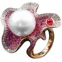 South Sea Pearl, Diamond, Sapphire, and Rubelite 18 Karat Gold Cocktail Ring