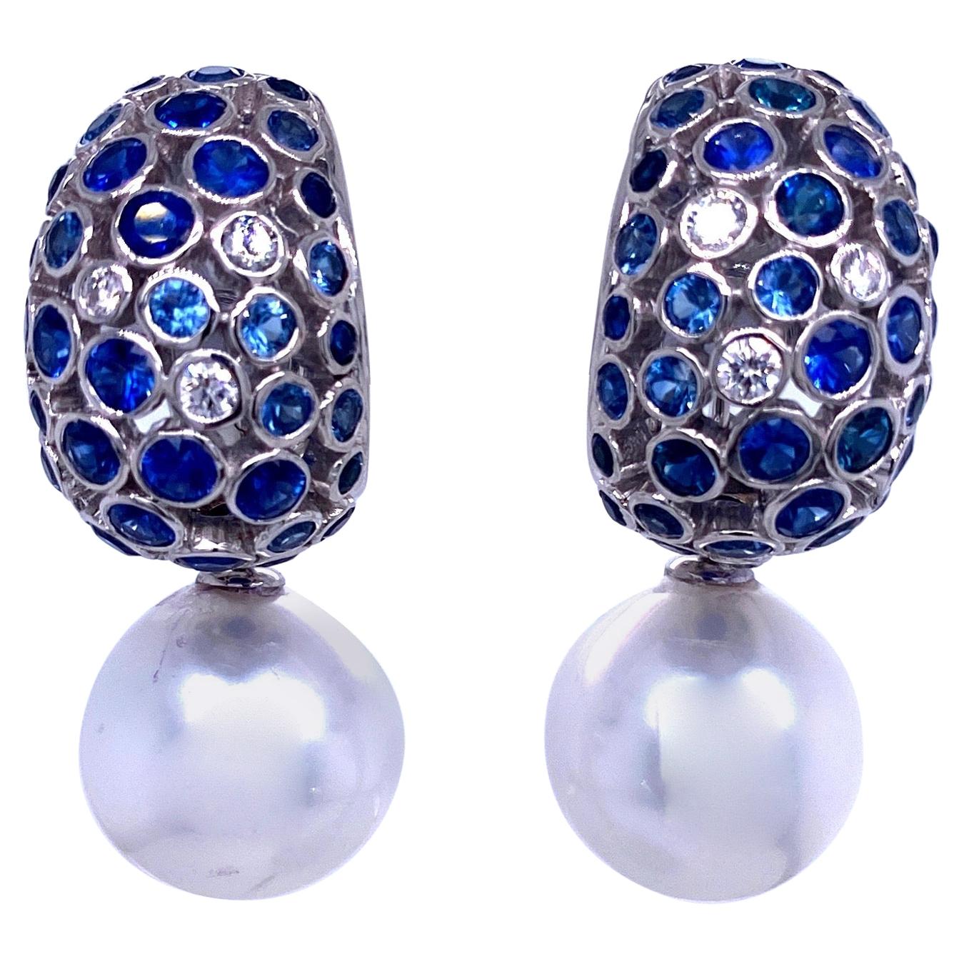 South Sea Pearl Diamond Sapphire Dome Drop Earrings 6.96 Carat 18K White Gold For Sale